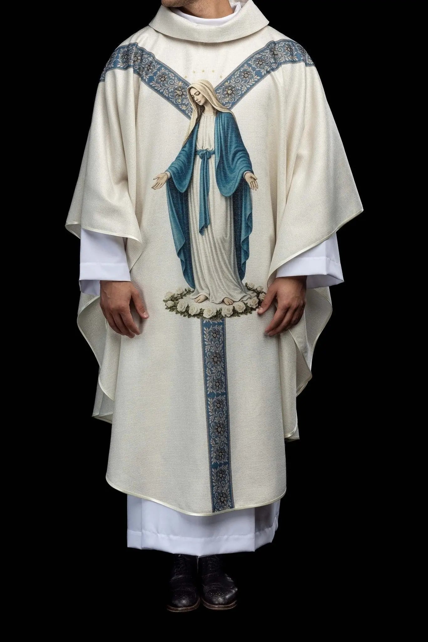 Ecru chasuble with printed image of the Immaculate Conception, Marian vestment