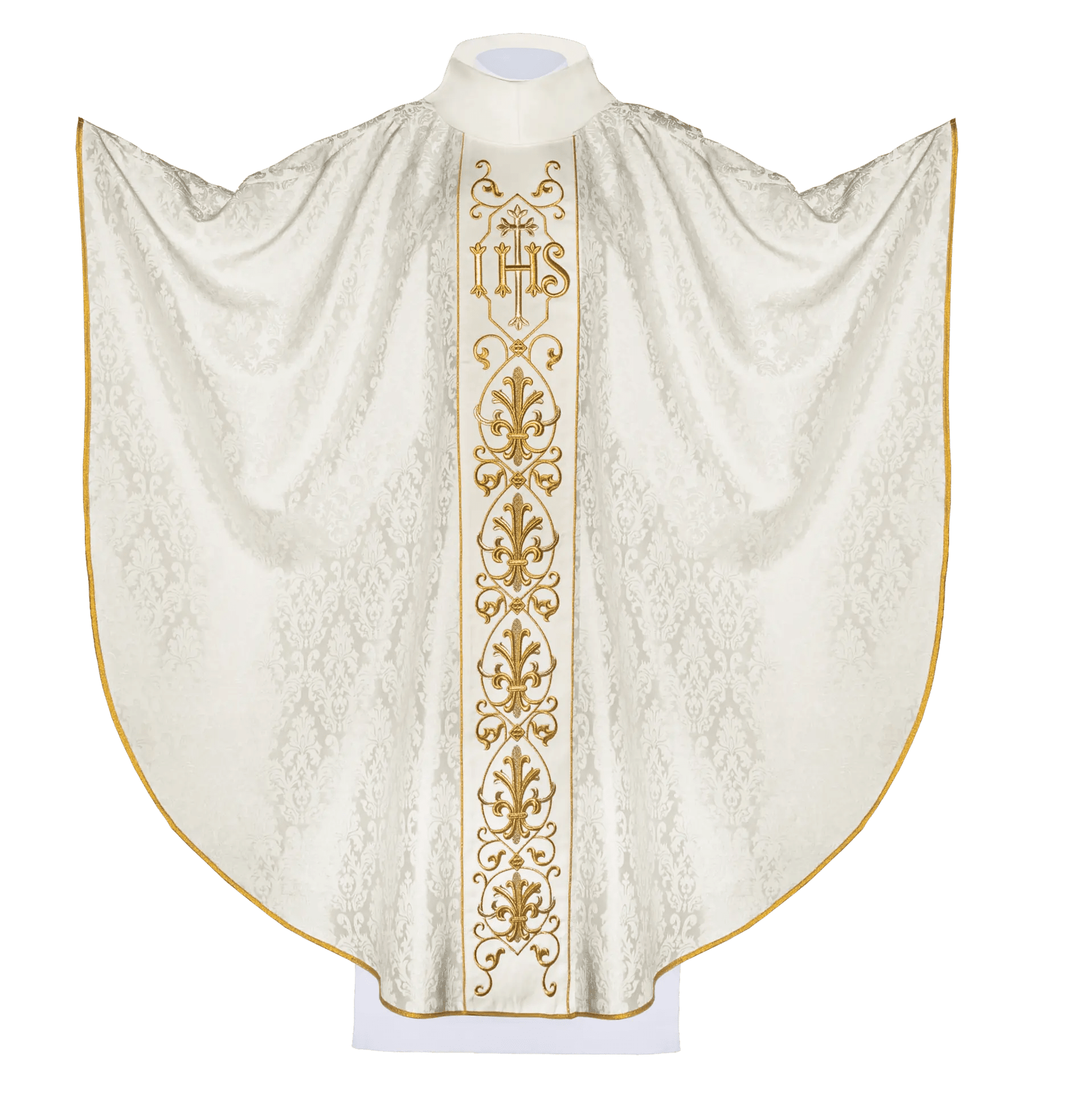 Ecru chasuble embroidered on decorative fabric with IHS symbol