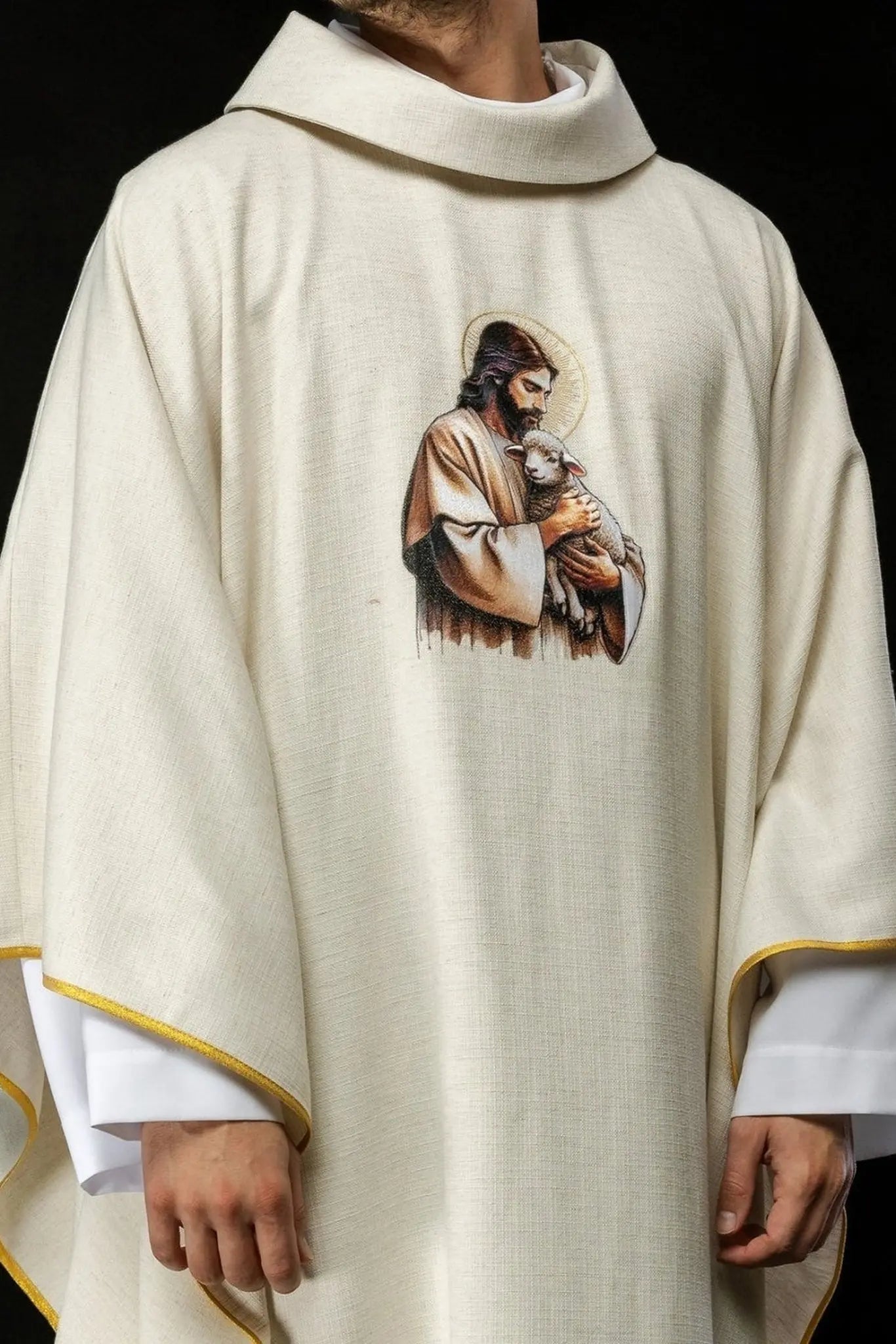 Ecru Chasuble with the Image of Jesus the Good Shepherd with the Lamb