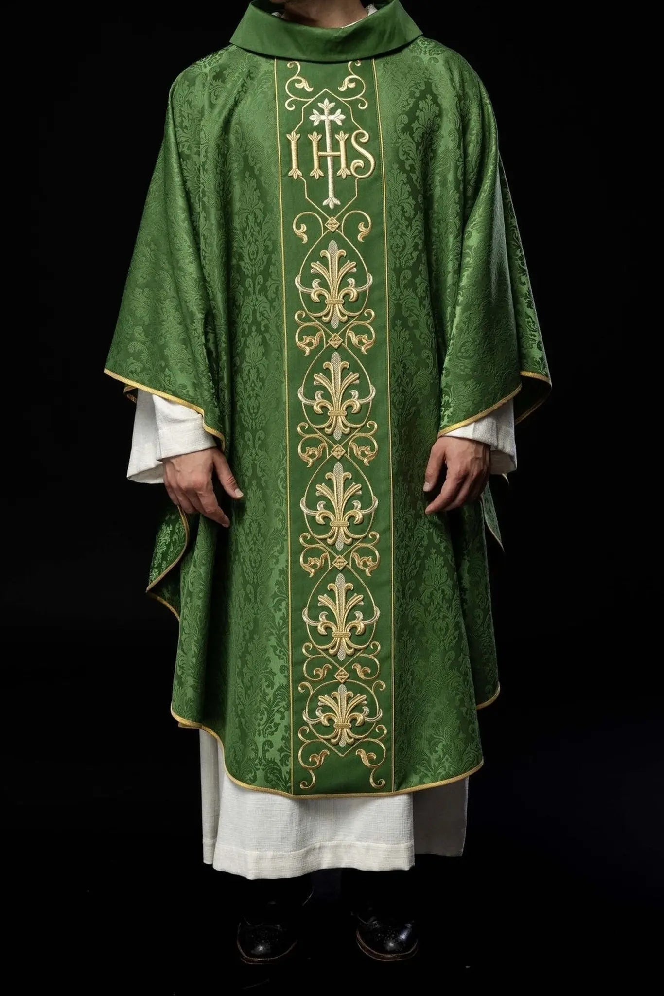 Embroidered chasuble IHS Green Decorative Fabric