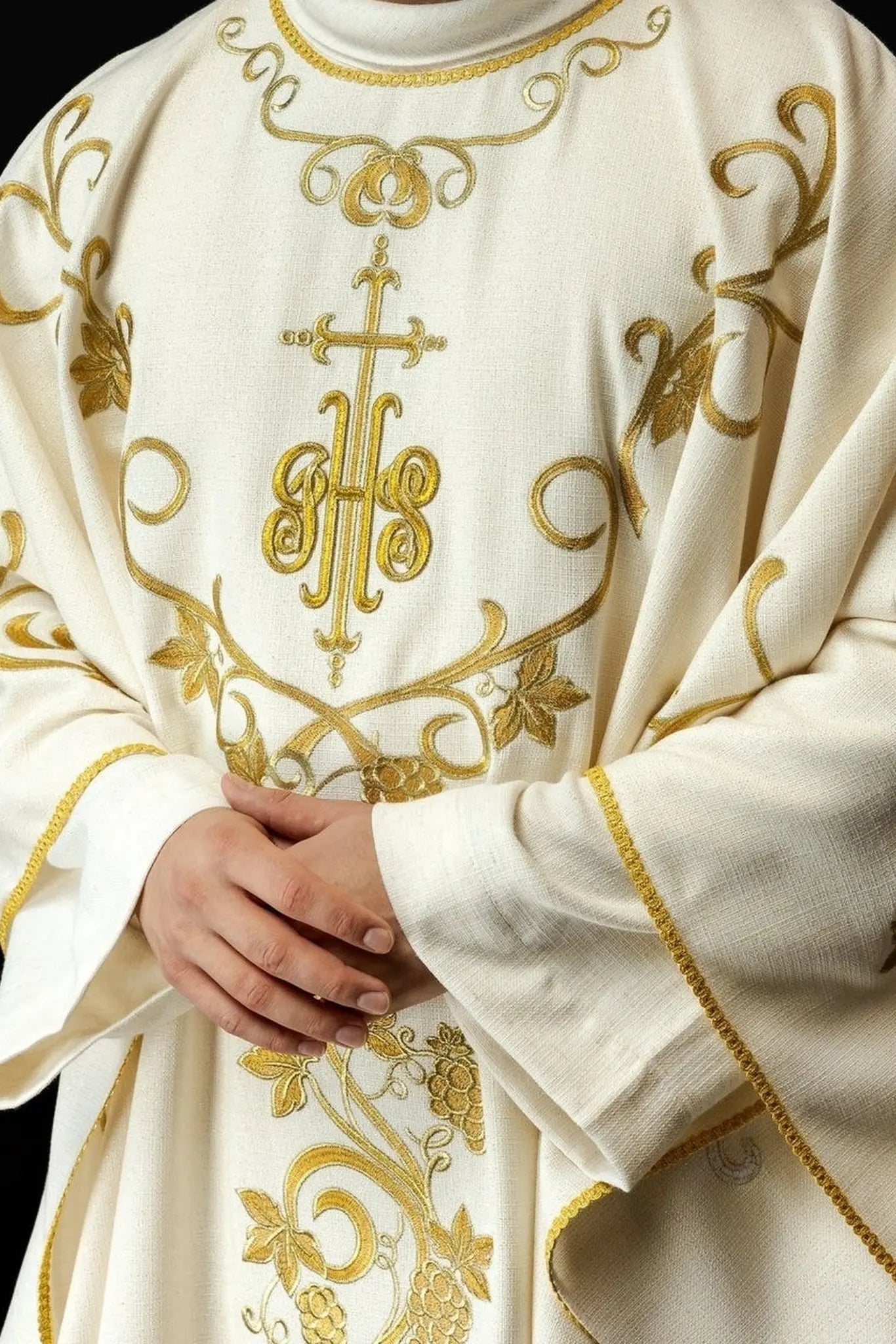 Liturgical Chasuble Embroidered with IHS and Grapevine Motifs in Ecru