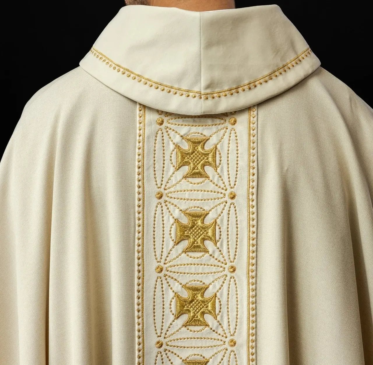 Liturgical chasuble with richly decorated belt with crosses in ecru color
