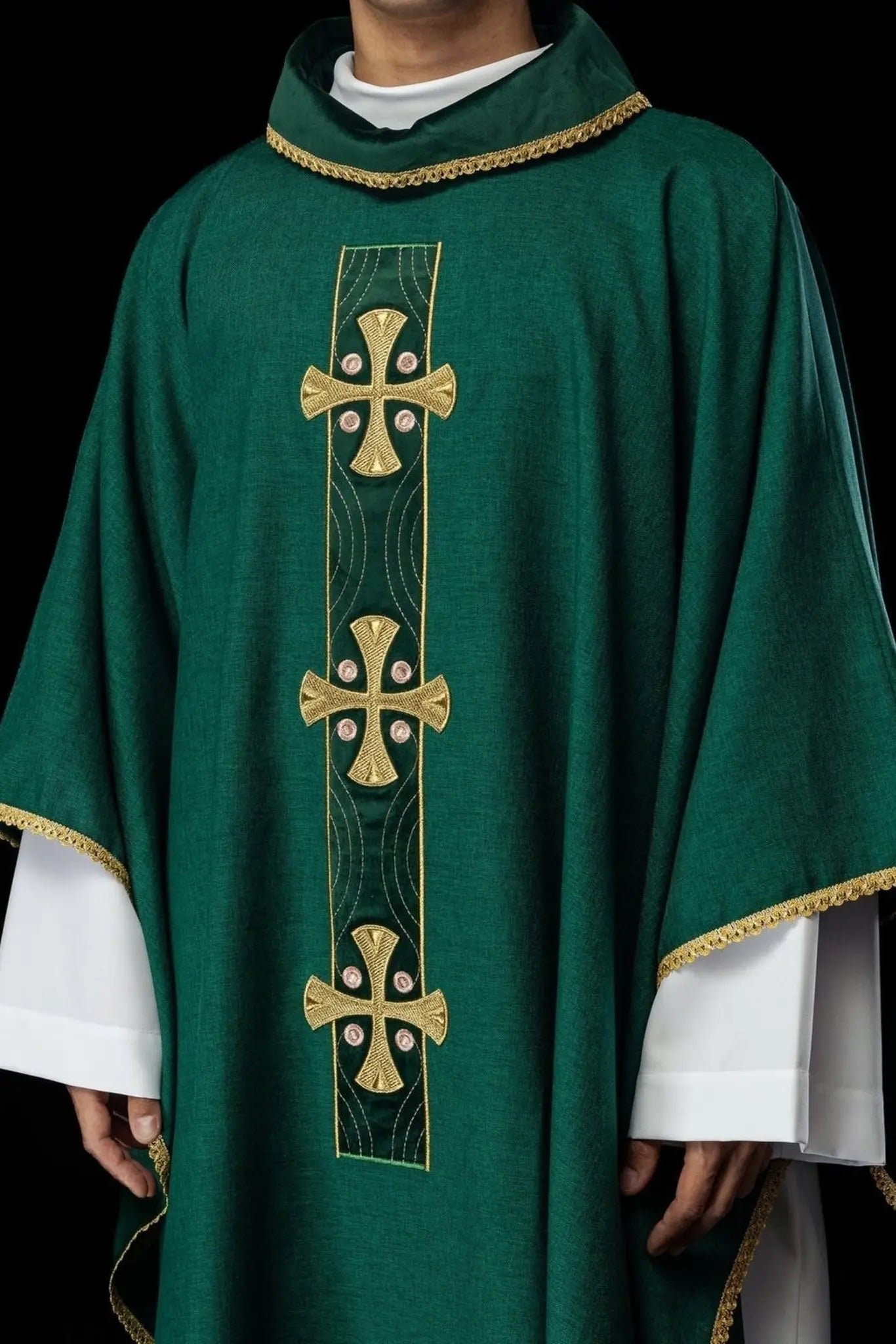Chasuble with embroidered gold crosses and green collar piping