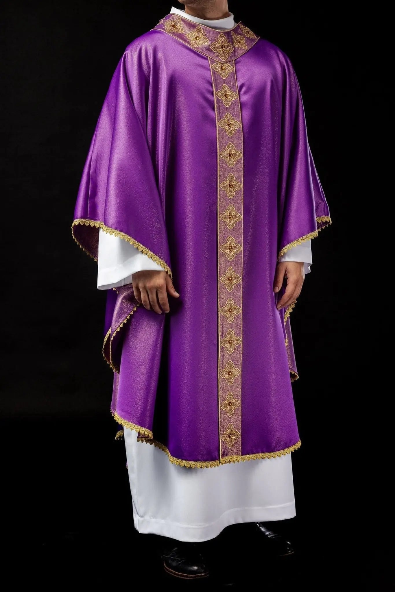 Purple chasuble with embroidered belt and collar decorated with stones