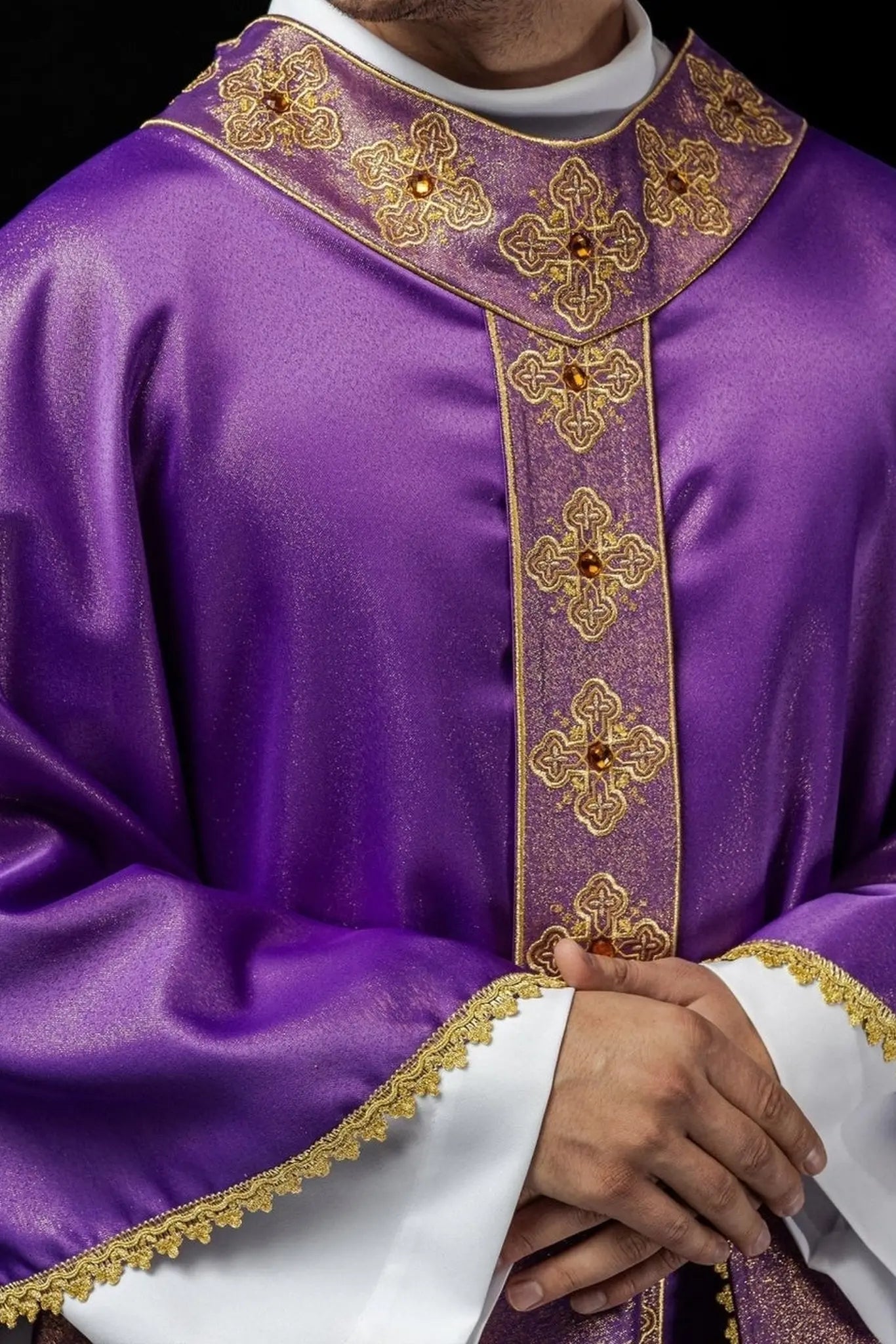 Purple chasuble with embroidered belt and collar decorated with stones