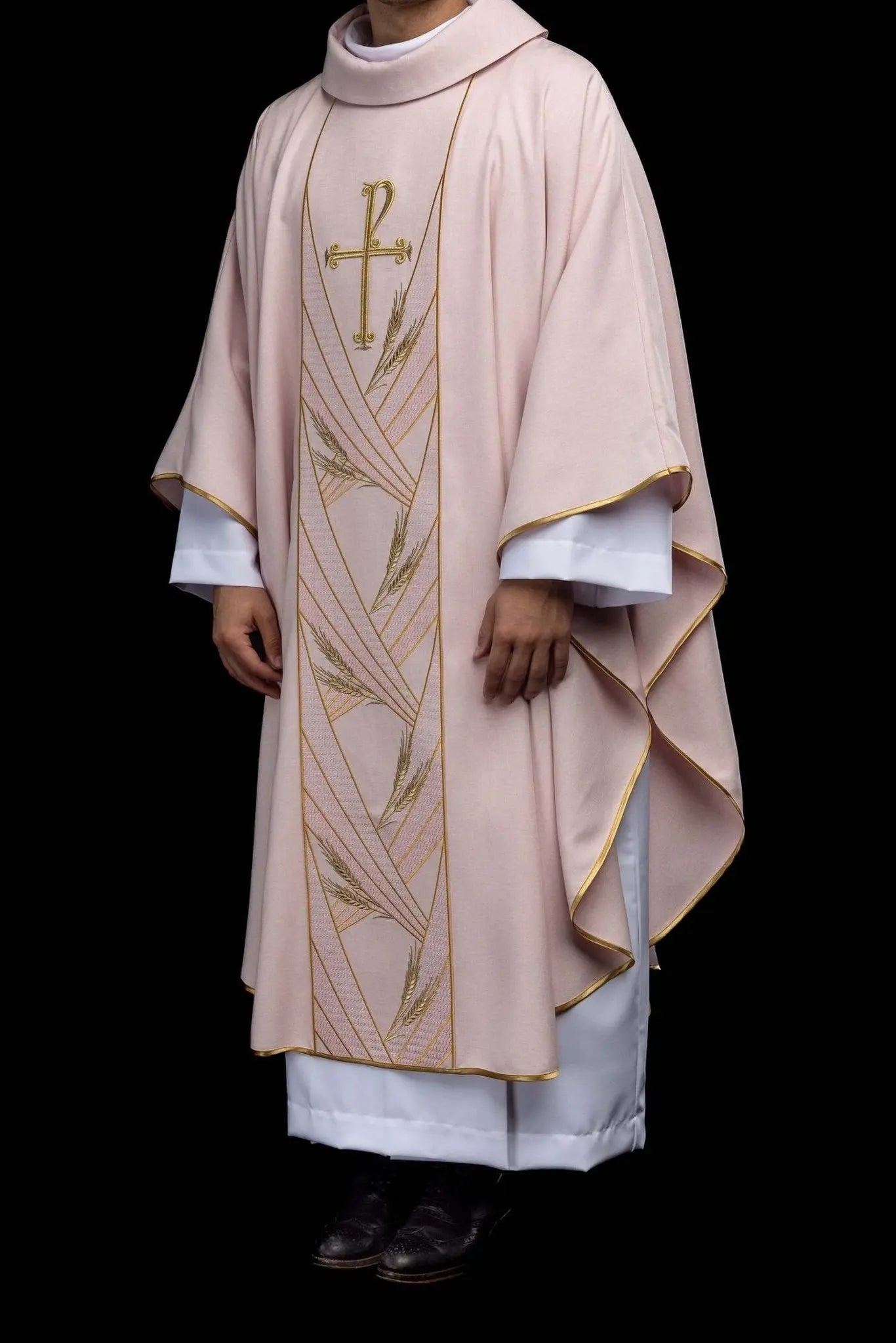 Rose chasuble with embroidered Pax band and wheat sheaves motif