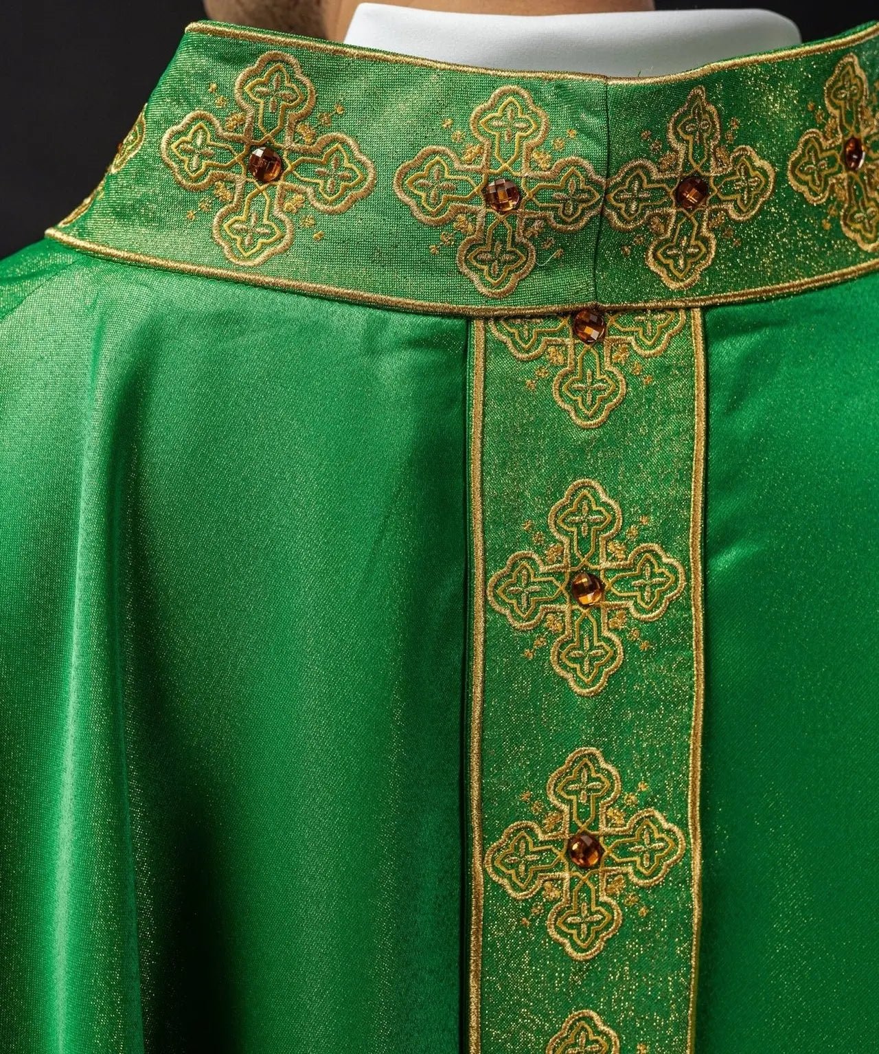Green chasuble with embroidered belt and collar decorated with stones