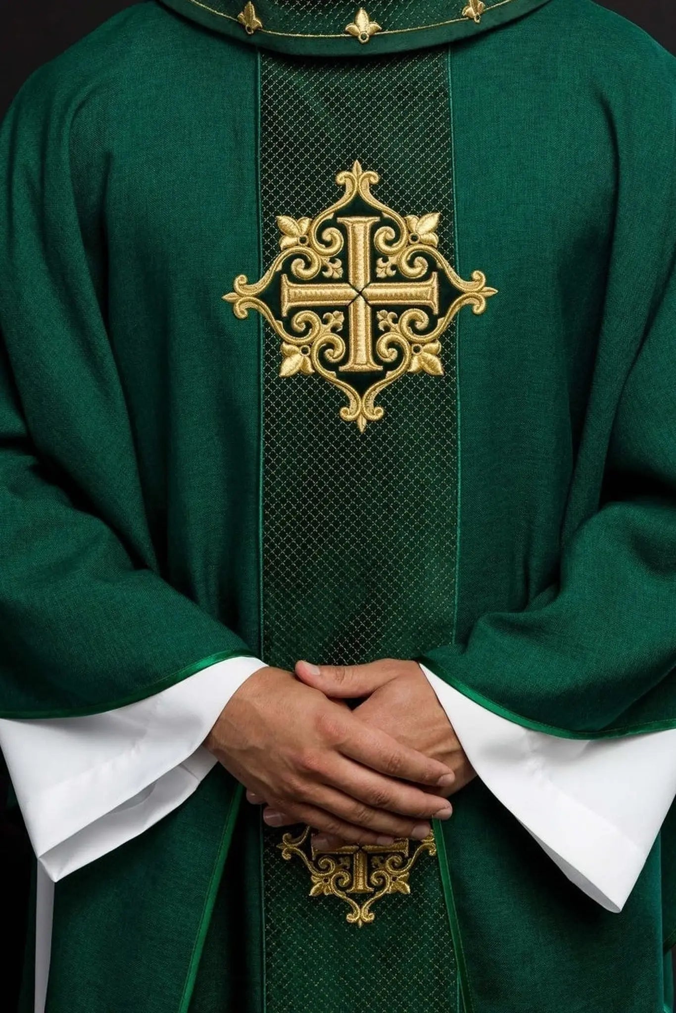 Chasuble with green velvet belt and cross embroidery