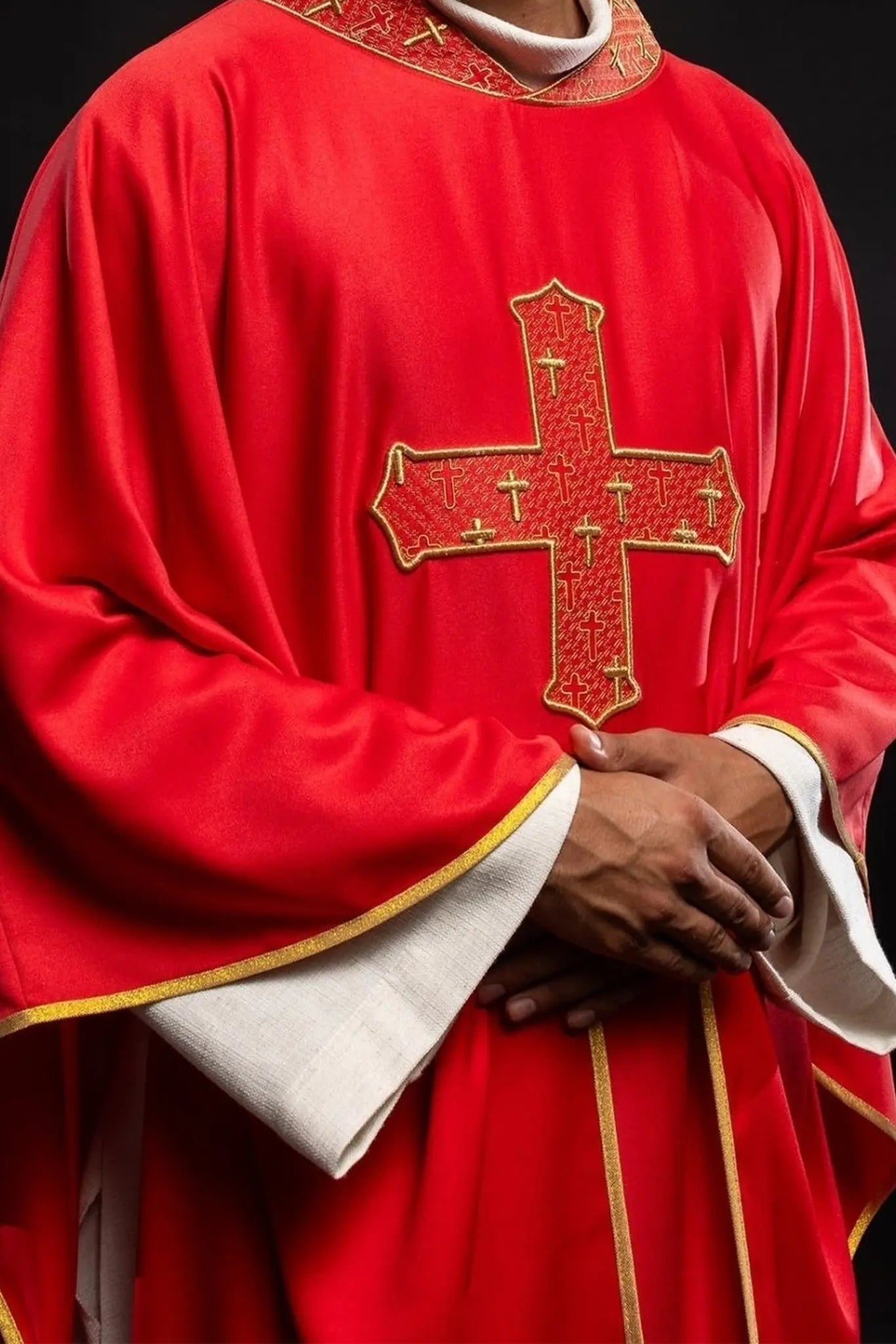 Chasuble with richly embroidered cross and collar in red