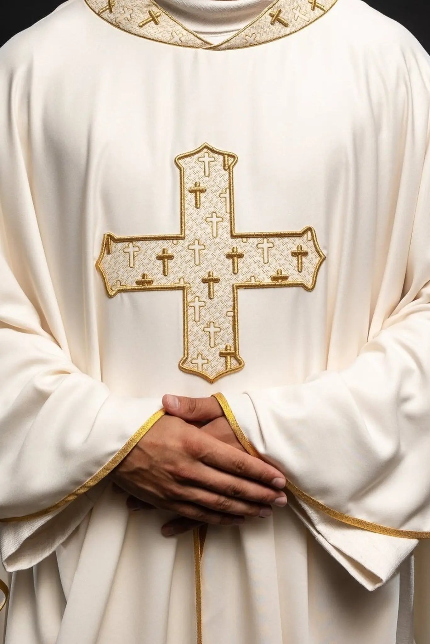 Chasuble with richly embroidered cross and ecru collar