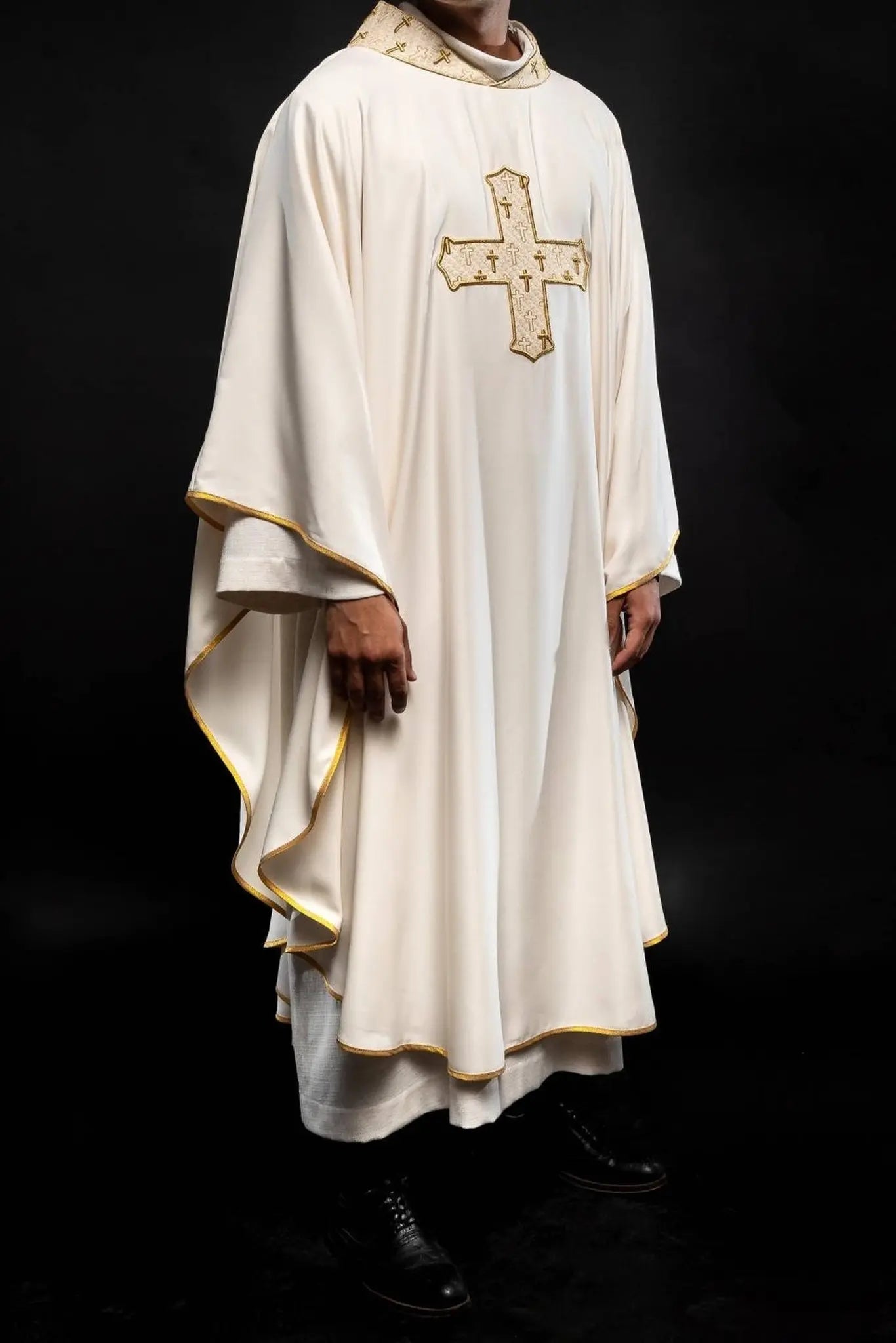 Chasuble with richly embroidered cross and ecru collar