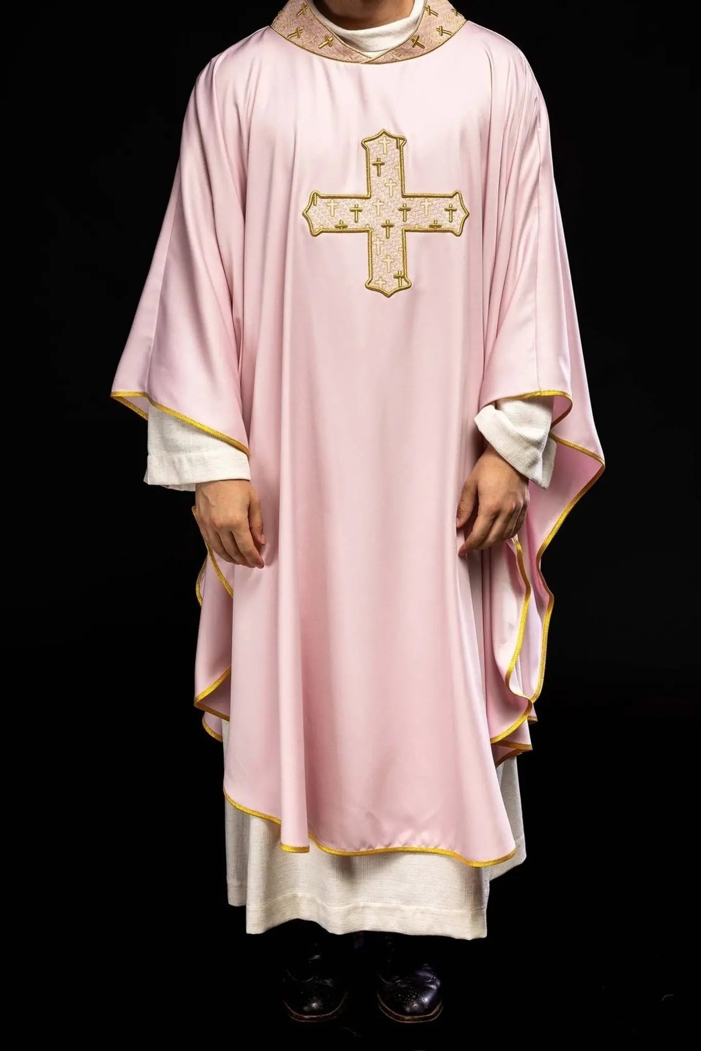 Pink Chasuble with Richly Embroidered Cross and Decorative Collar