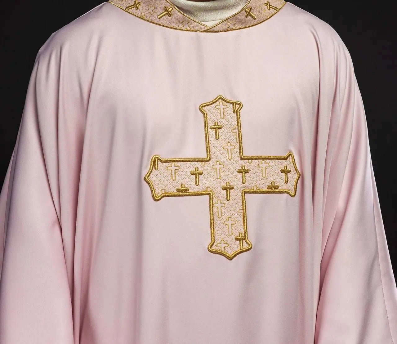 Pink Chasuble with Richly Embroidered Cross and Decorative Collar