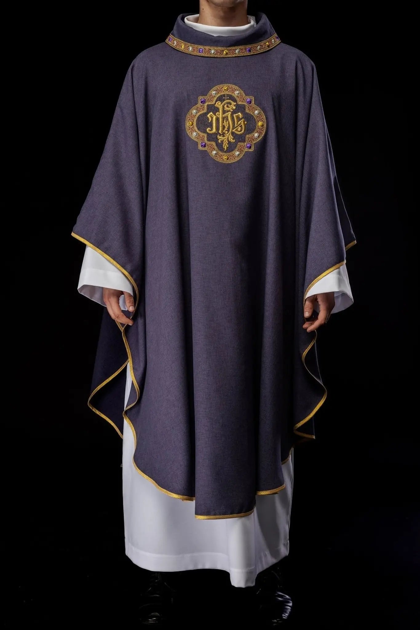 Chasuble with richly embroidered belt and piping around IHS I collar embroidery in purple color