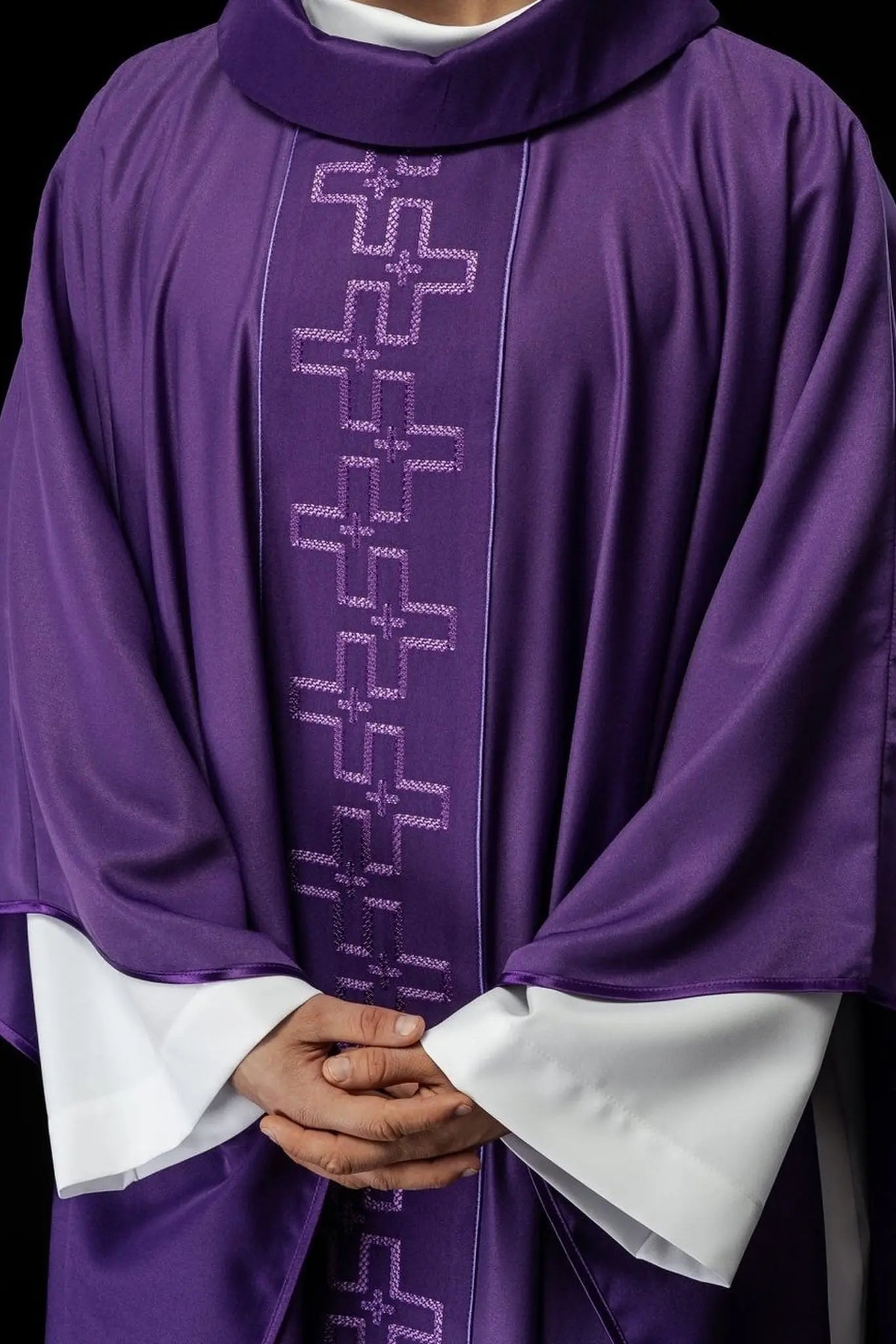 Chasuble with richly embroidered belt in cross embroidery in purple color