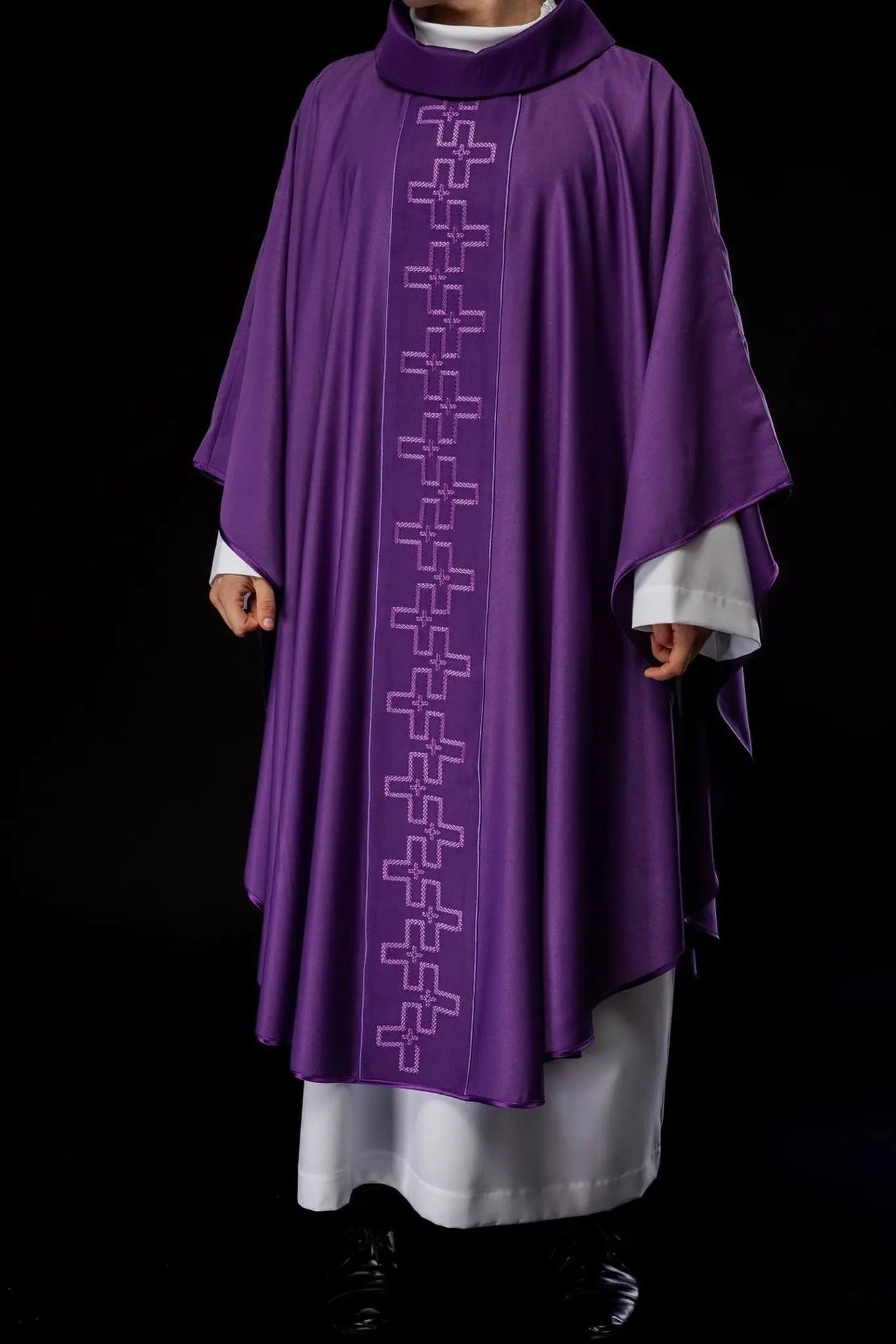 Chasuble with richly embroidered belt in cross embroidery in purple color