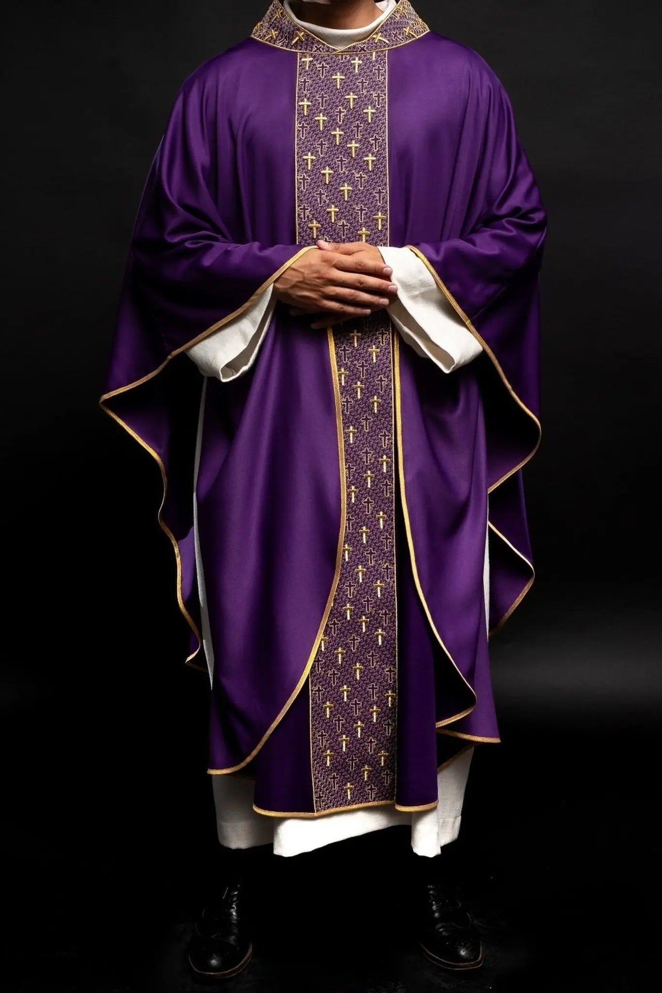 Chasuble with richly embroidered belt with crosses in purple color