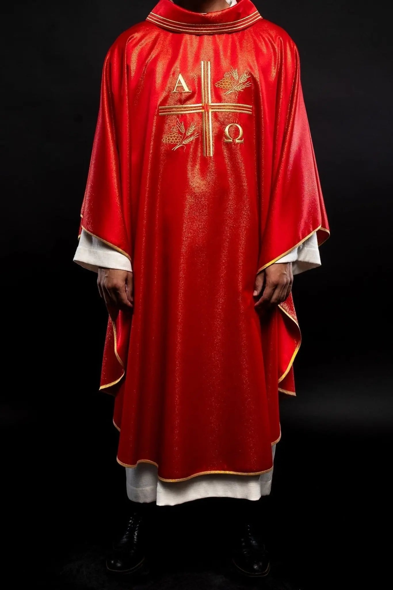 Chasuble with embroidered cross, Alpha and Omega motifs and red ears