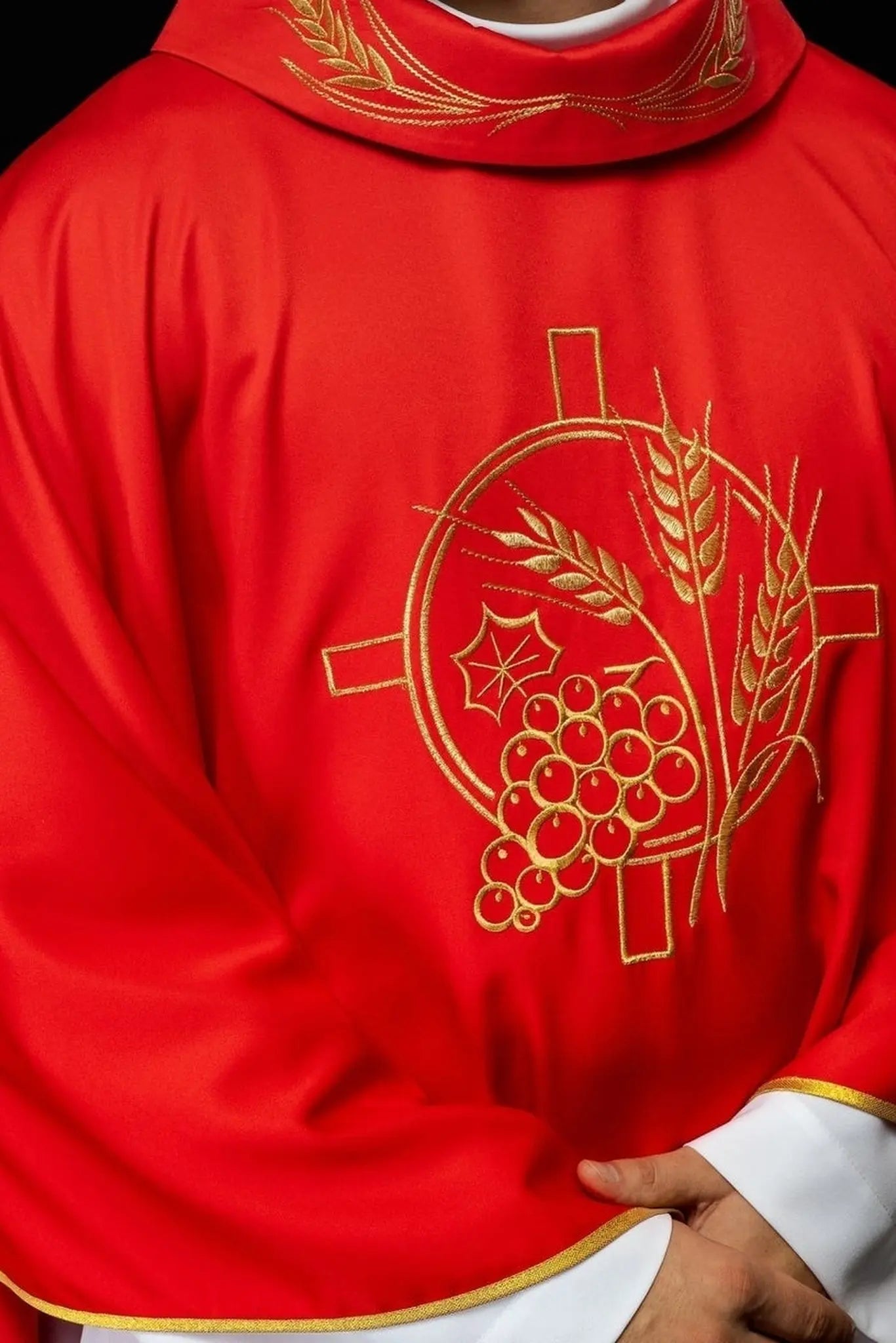 Chasuble with embroidered cross and red ear motifs