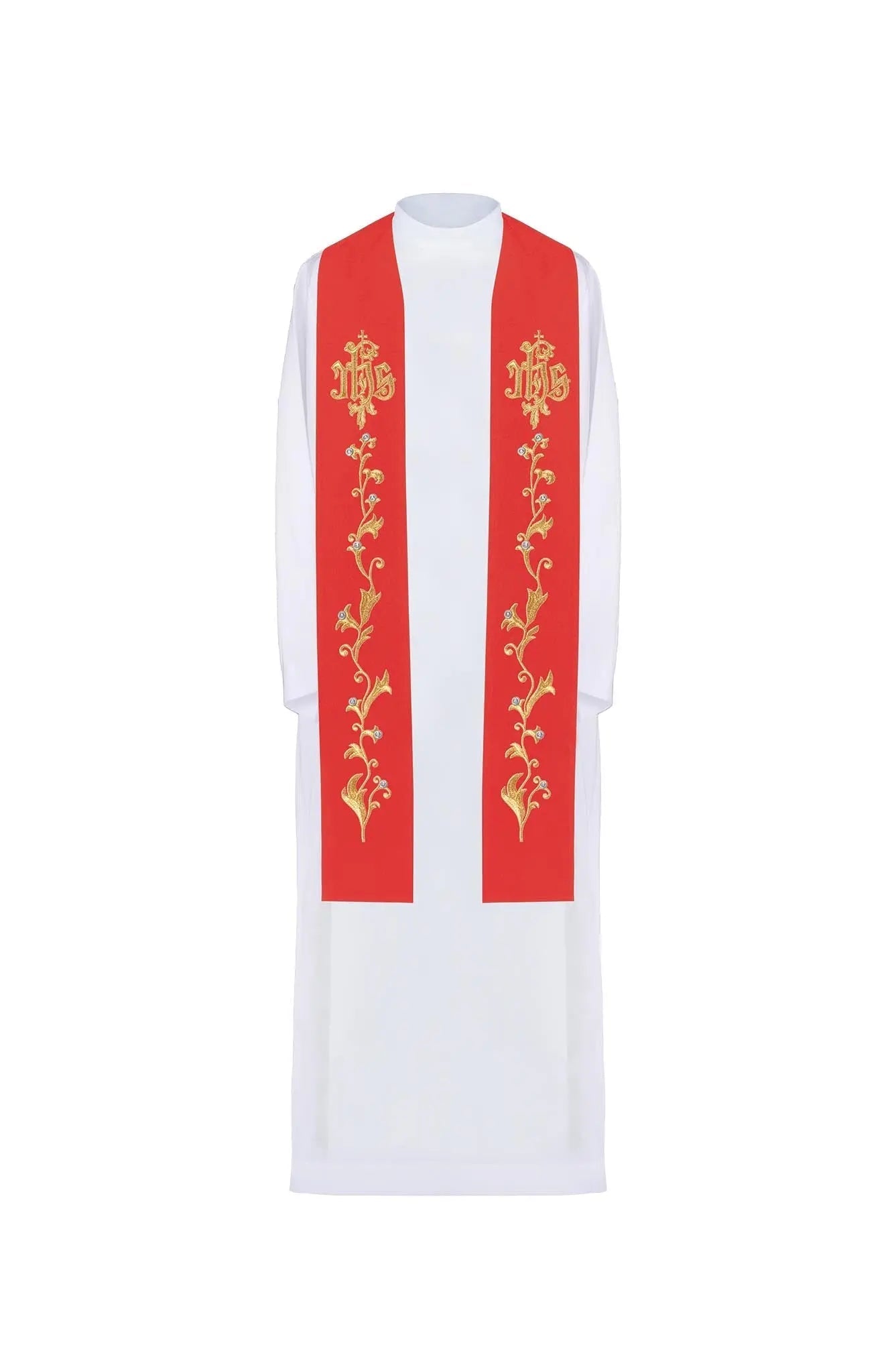 Priest's stole red embroidered IHS on the cross - HAFTINA ATELIER