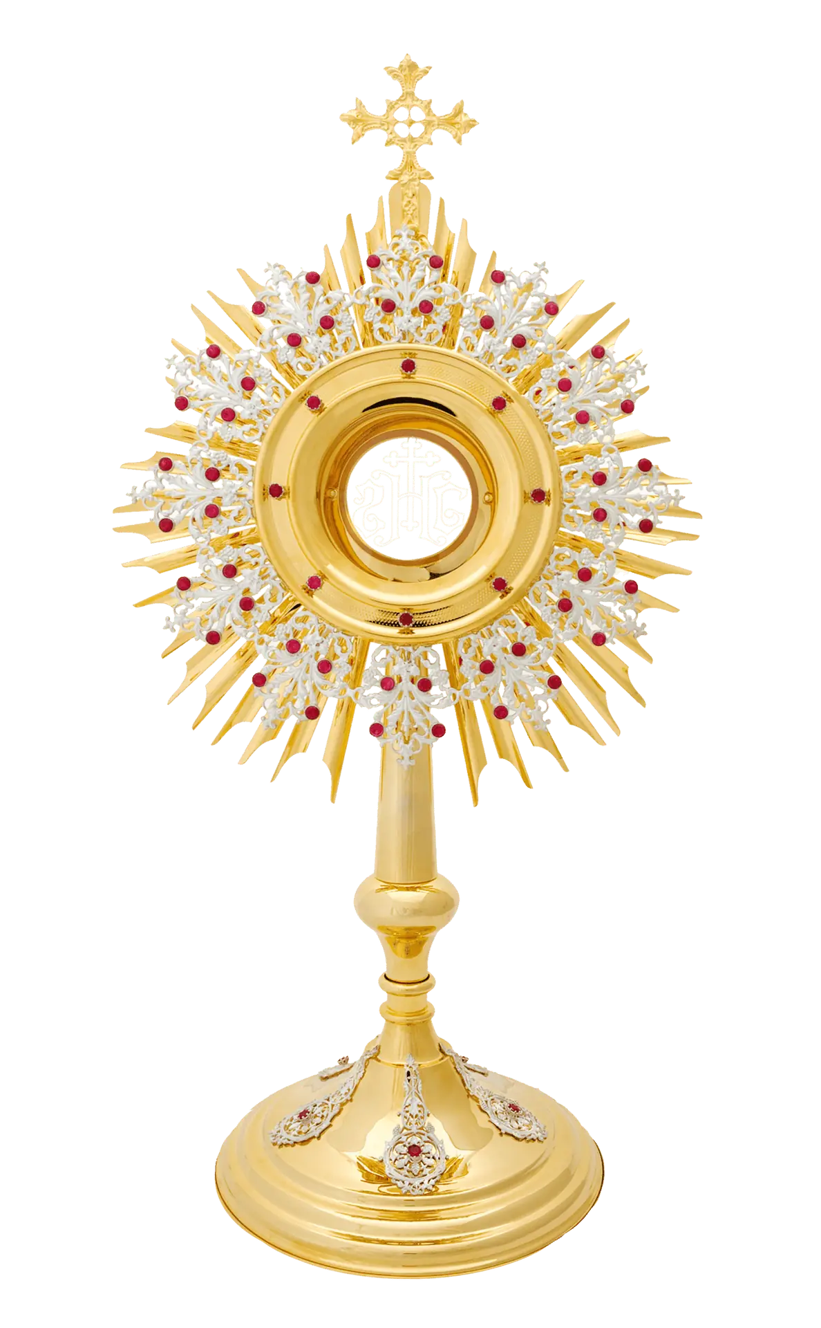 Handcrafted Gold-Plated Brass Monstrance Adorned with Rubies