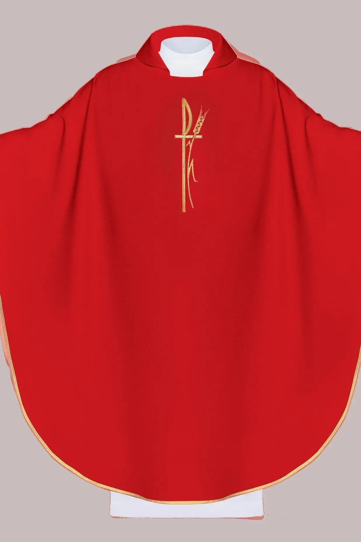 Red liturgical chasuble with wide collar and delicately embroidered cross - HAFTINA ATELIER