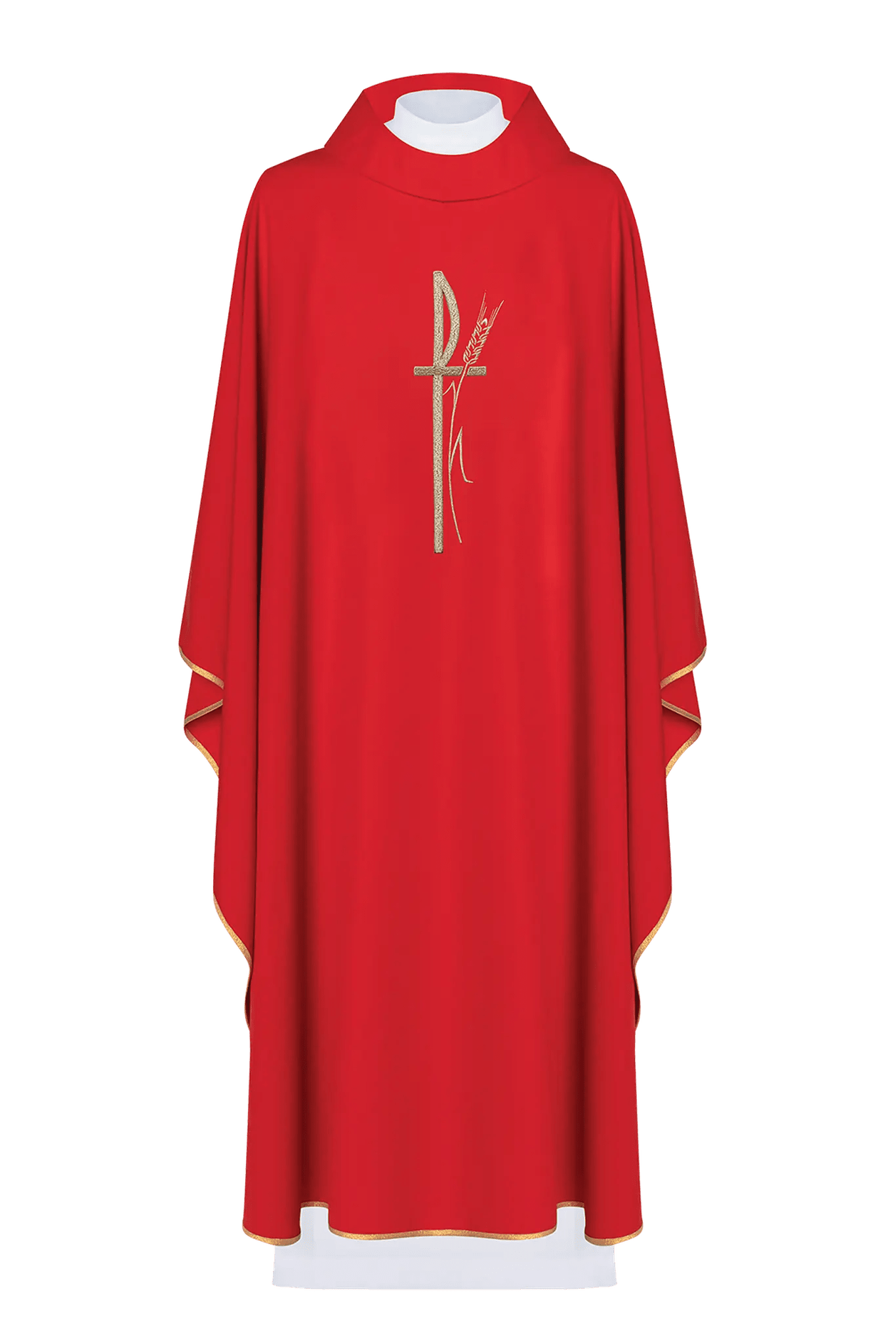 Red liturgical chasuble with wide collar and delicately embroidered cross - HAFTINA ATELIER