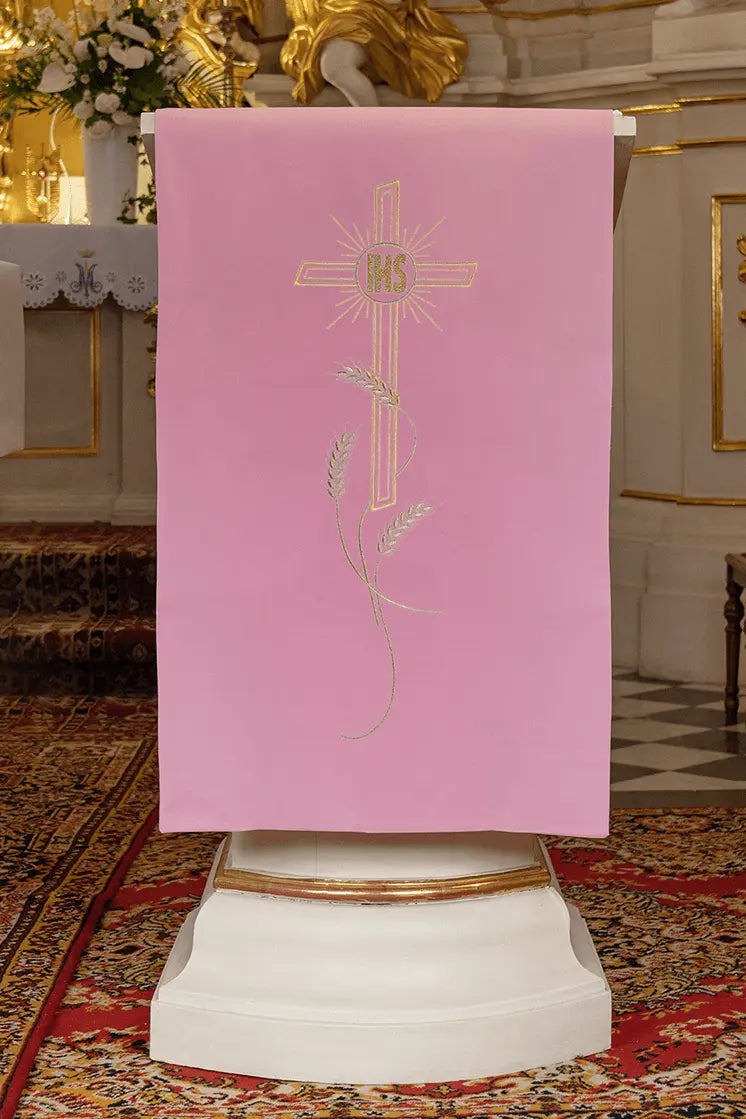 Pink tablecloth for lectionary embroidered motif of the cross and IHS