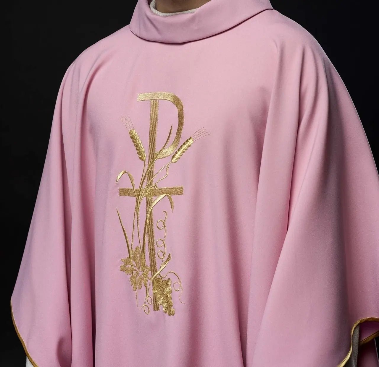 Pink chasuble with gold cross embroidery