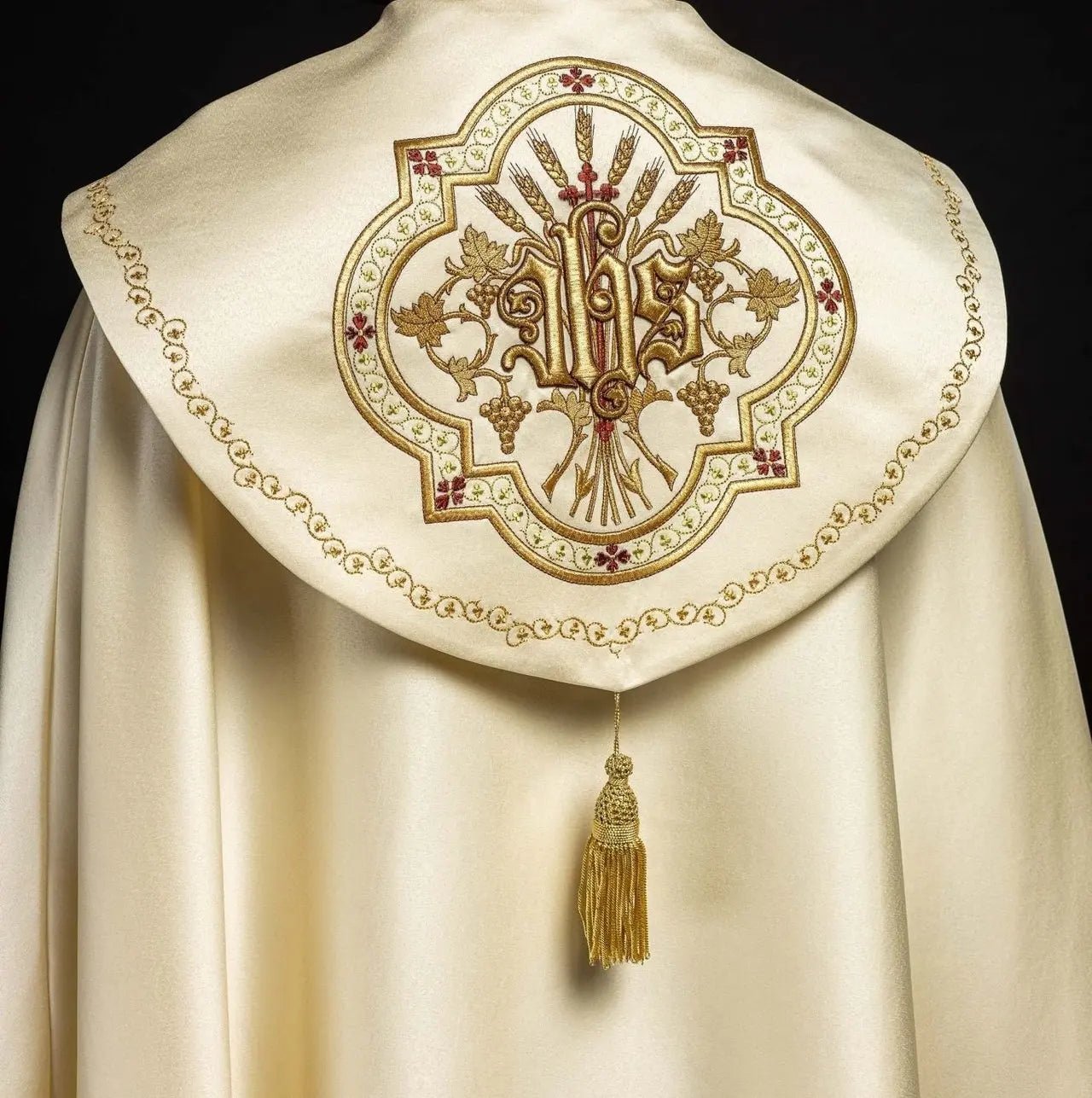 Ecru satin liturgical chapel with embroidered gold IHS