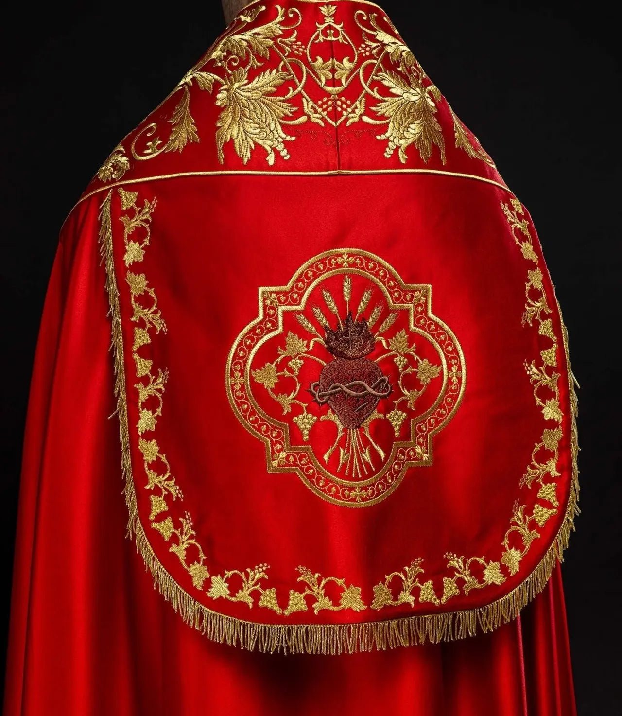 Roman Satin Cope – Red with Embroidered Sacred Heart of Jesus