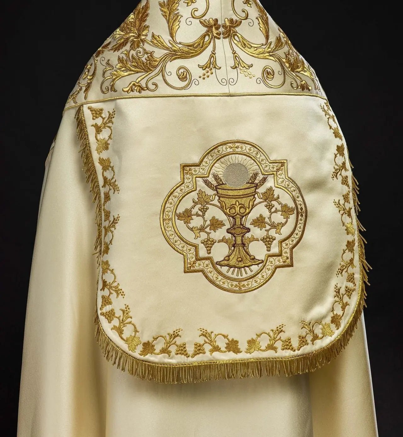 Roman Satin Cope – Ecru with Embroidered Eucharistic Chalice