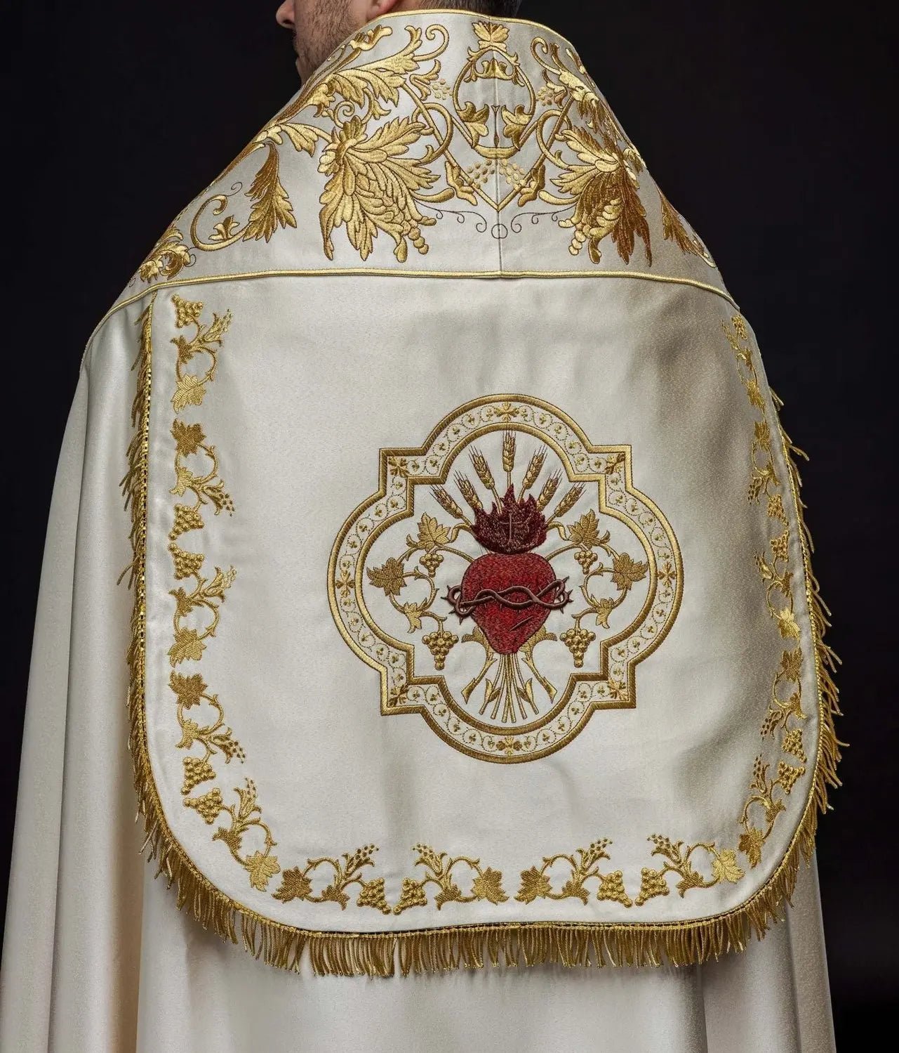 Roman Satin Cope in Ecru with Embroidered Sacred Heart of Jesus