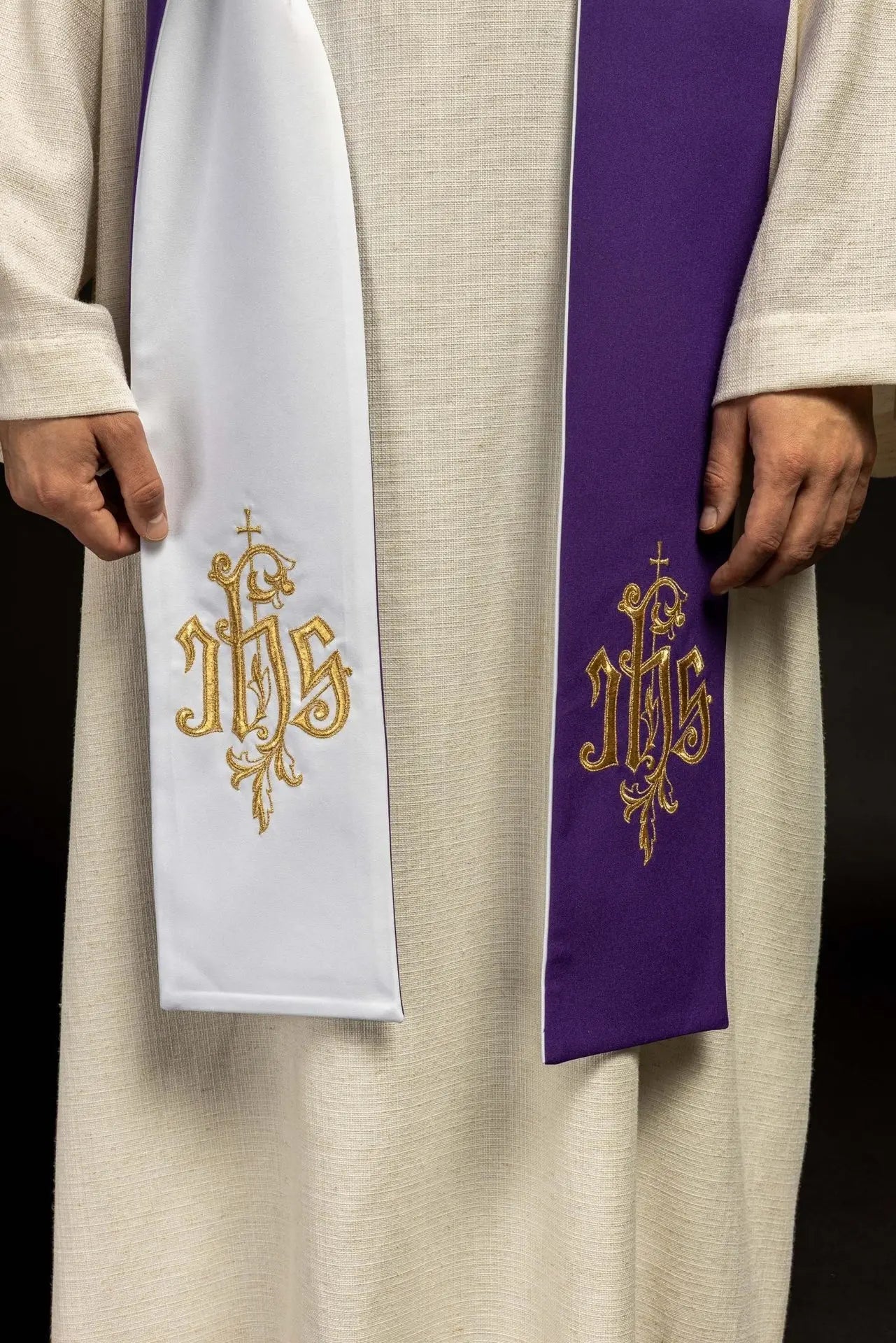 Double-sided embroidered stole IHS purple and white