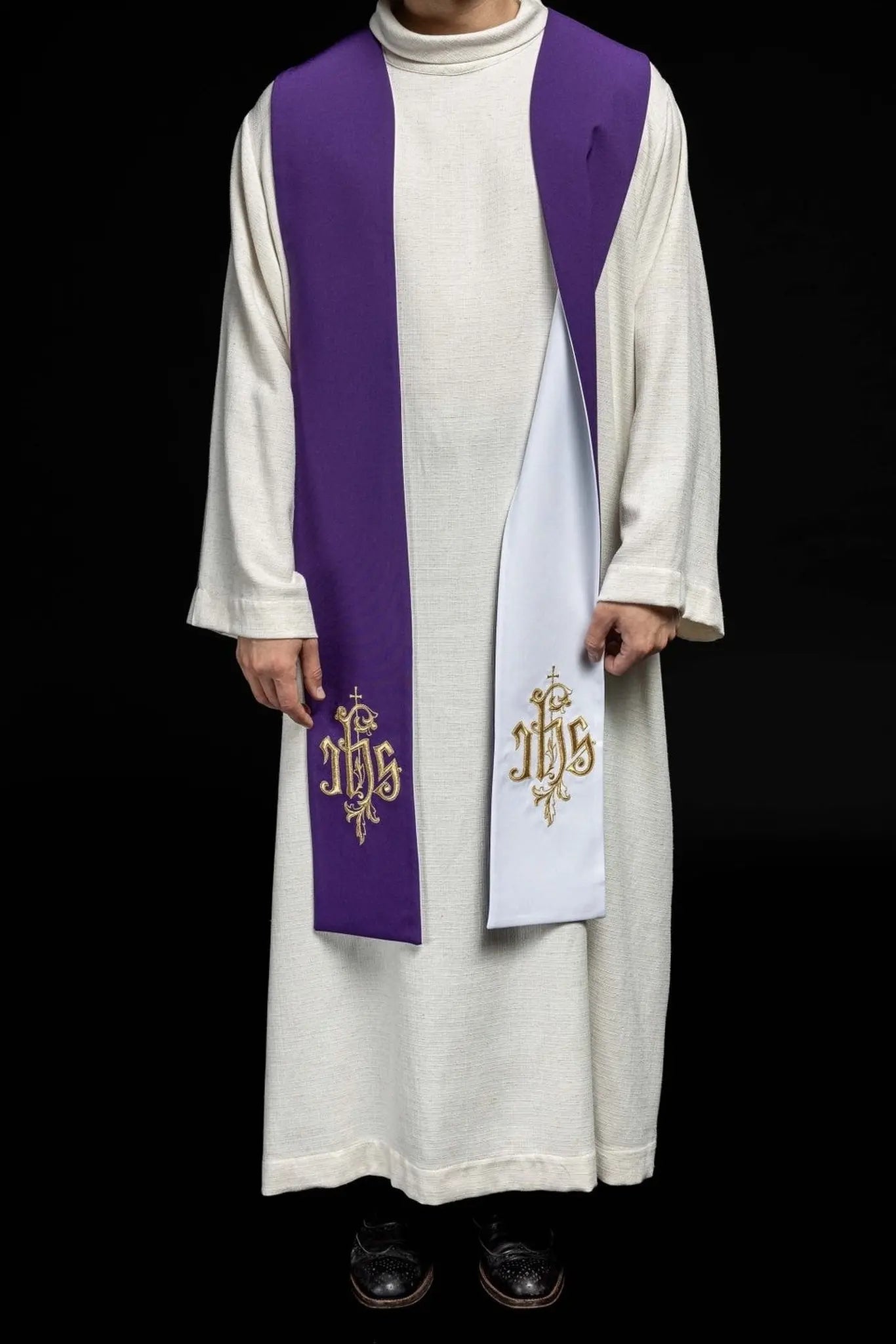 Double-sided embroidered stole IHS purple and white
