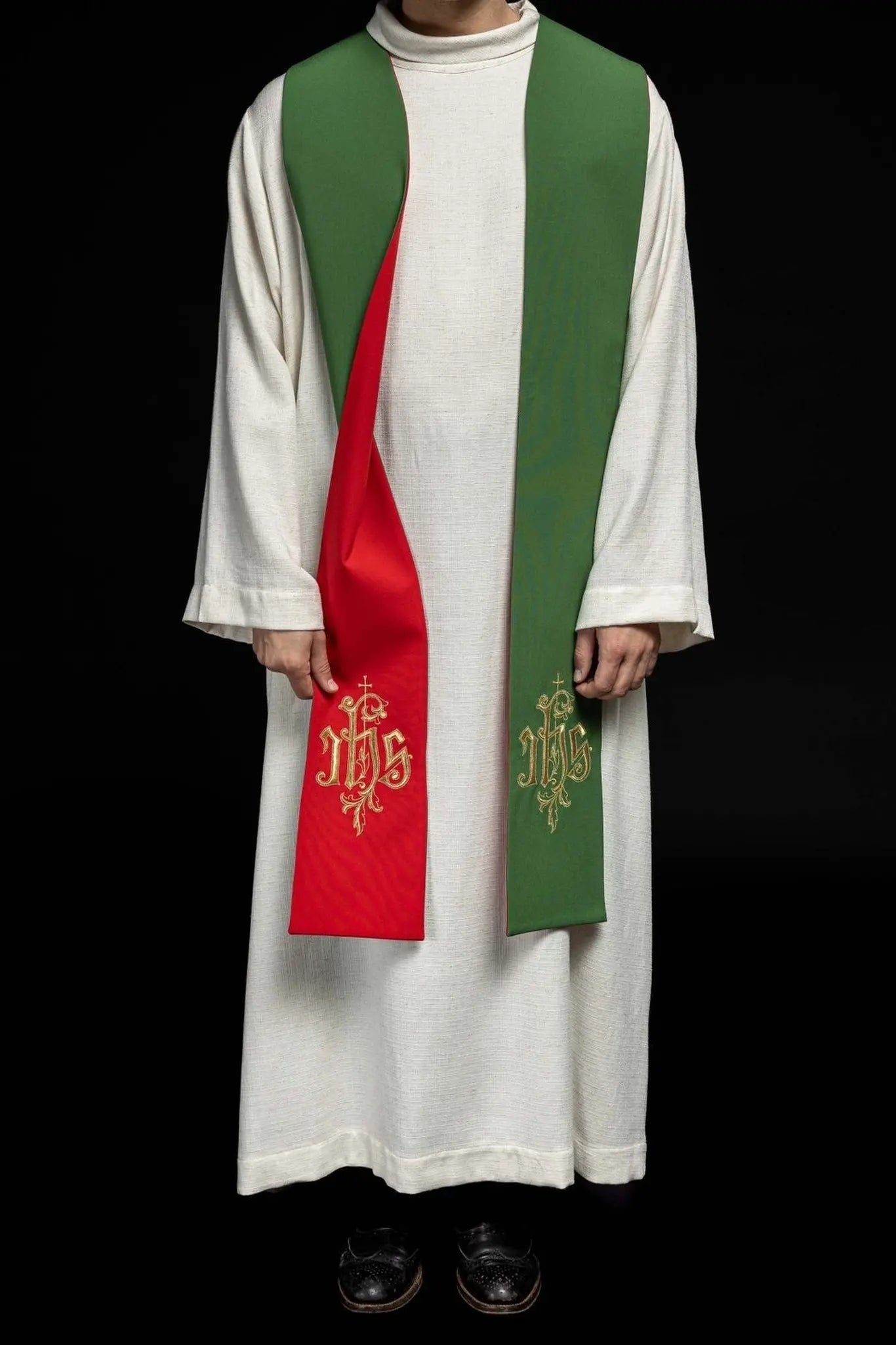 Two-sided embroidered stole IHS green-red