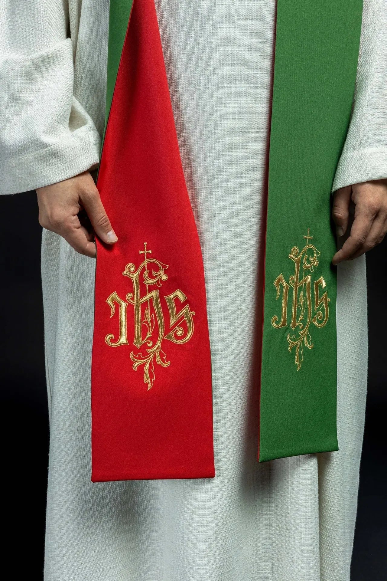 Two-sided embroidered stole IHS green-red