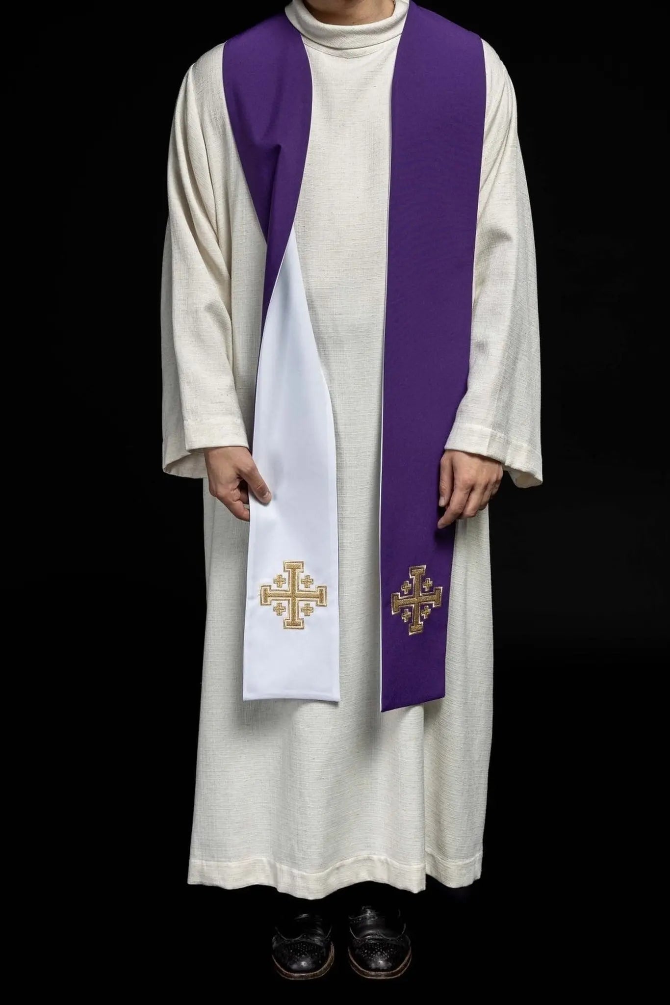 Double-sided stole Jerusalem Cross purple and white