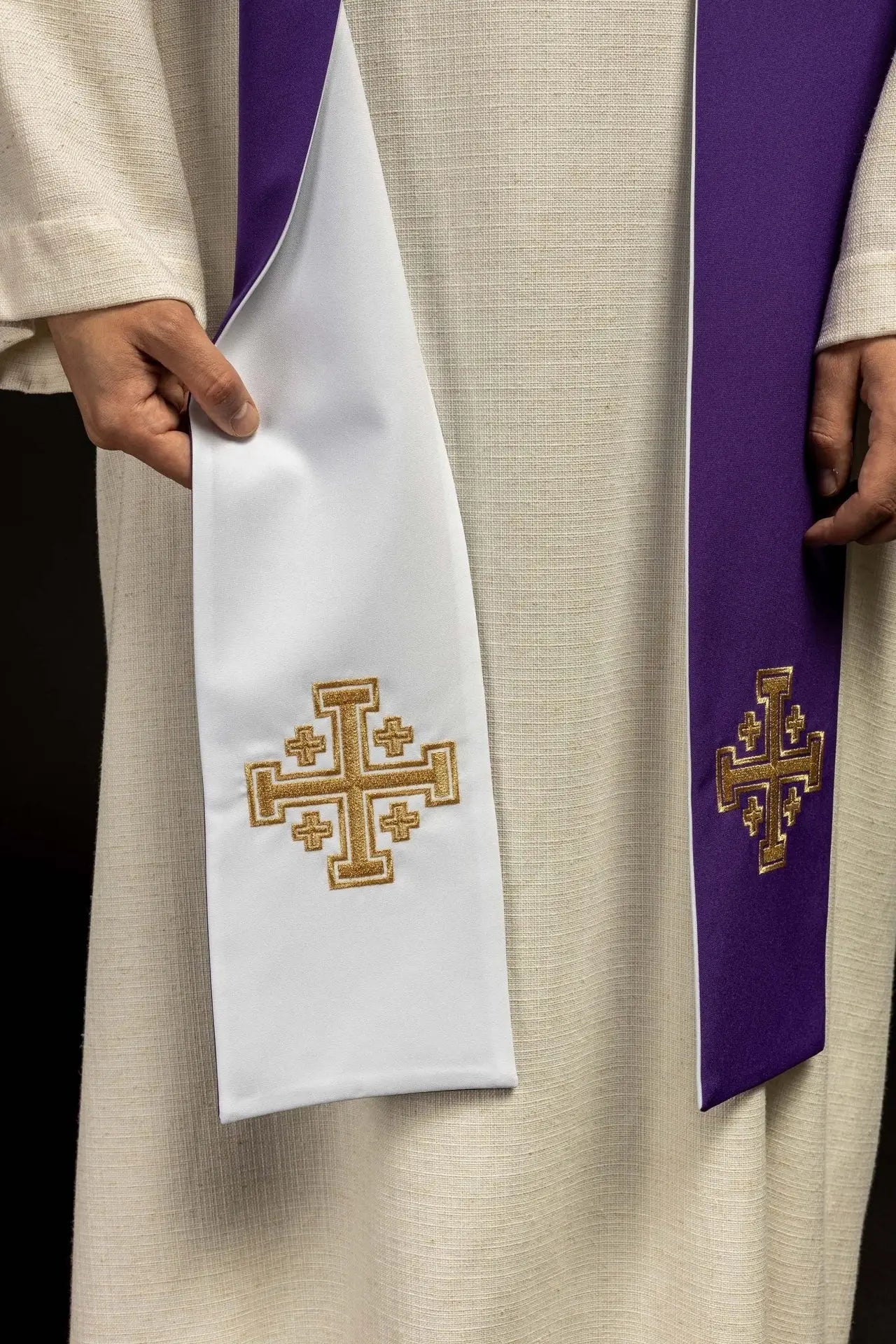 Double-sided stole Jerusalem Cross purple and white
