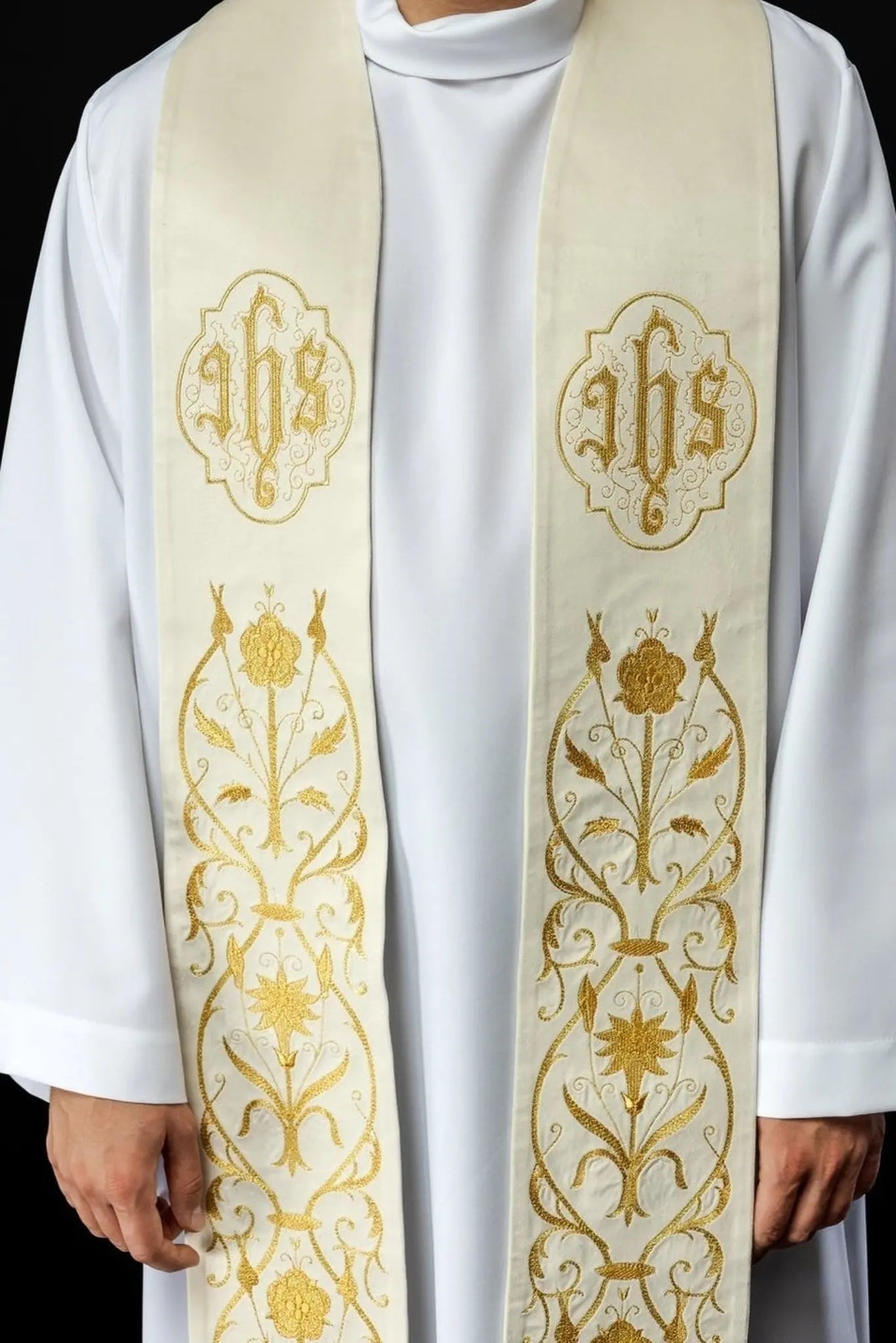 Embroidered ecru IHS stole