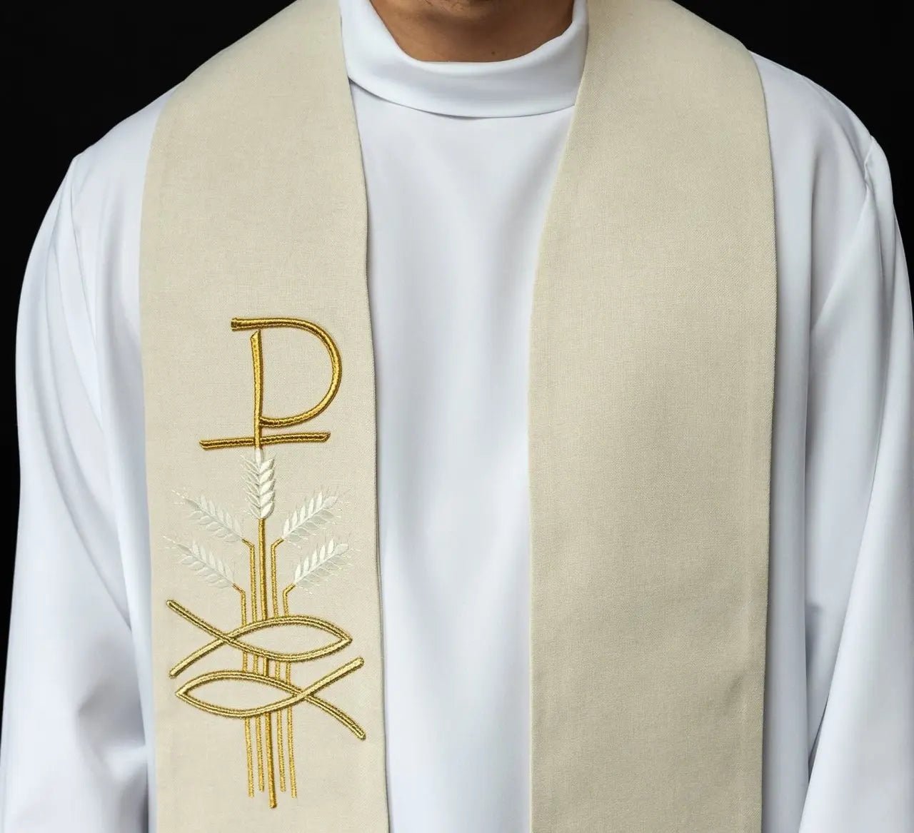 Embroidered stole with Pax, fish and ear ecru motif