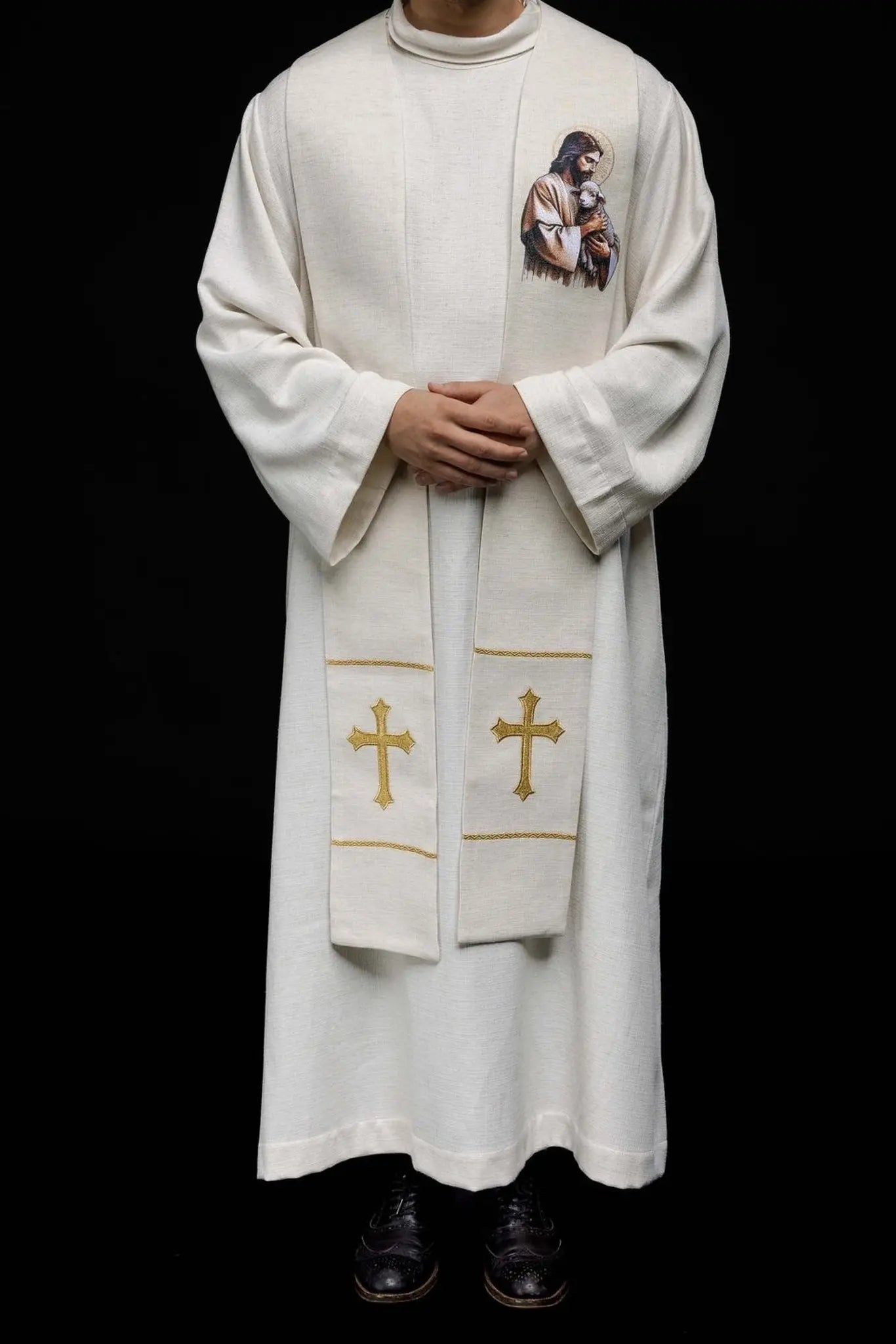 Embroidered Stole Featuring the Image of Jesus the Good Shepherd with a Lamb