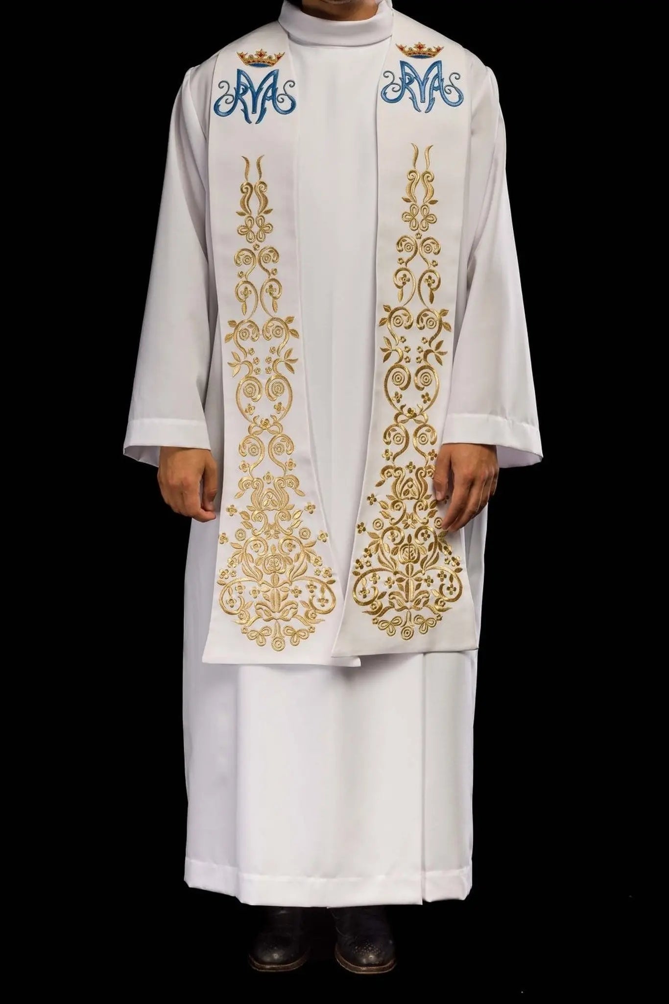 Priest's stole white embroidered Marian motif with crown