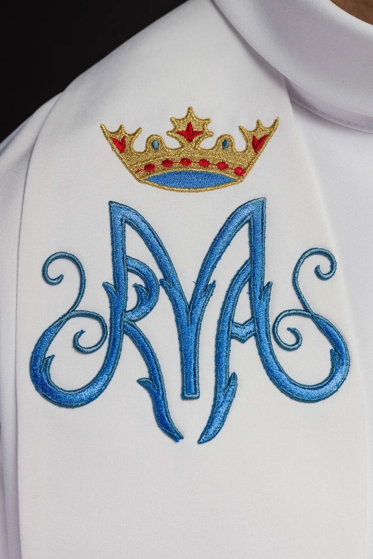 Priest's stole white embroidered Marian motif with crown