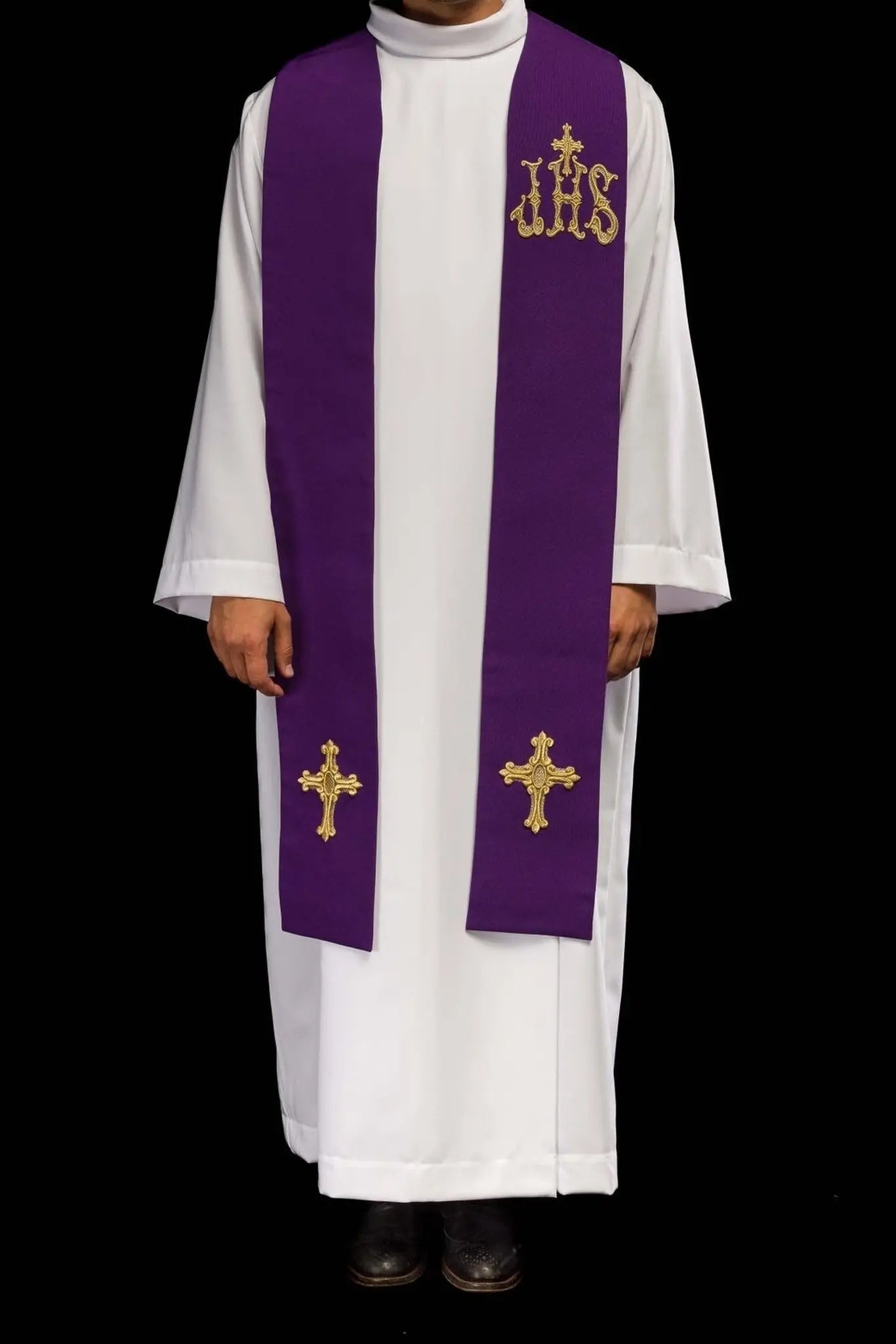 Purple priest's stole embroidered with cross and IHS