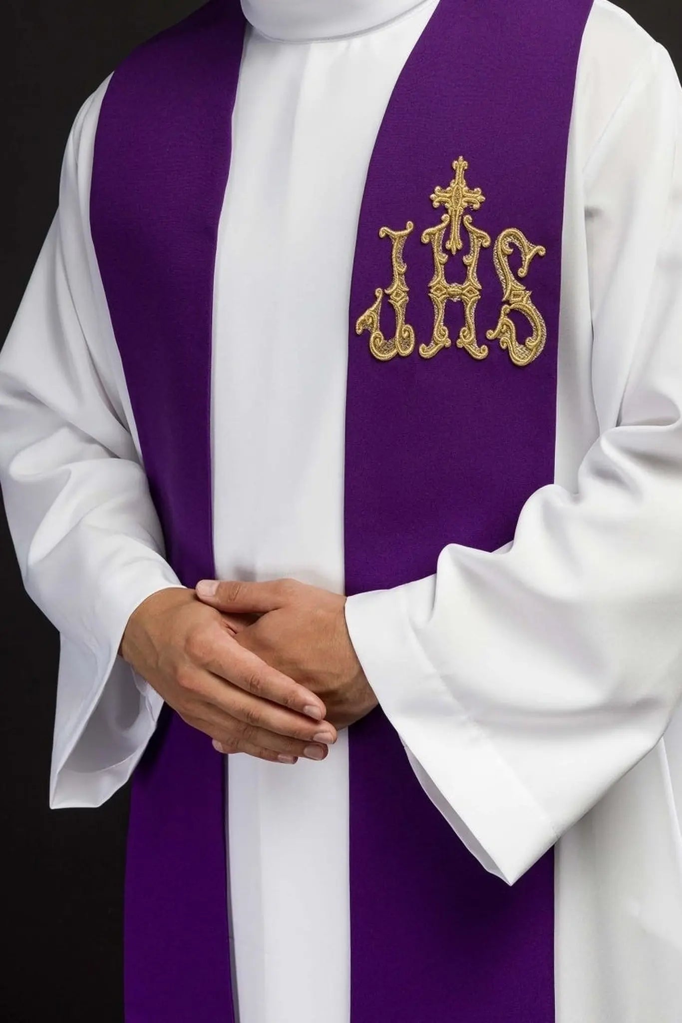 Purple priest's stole embroidered with cross and IHS