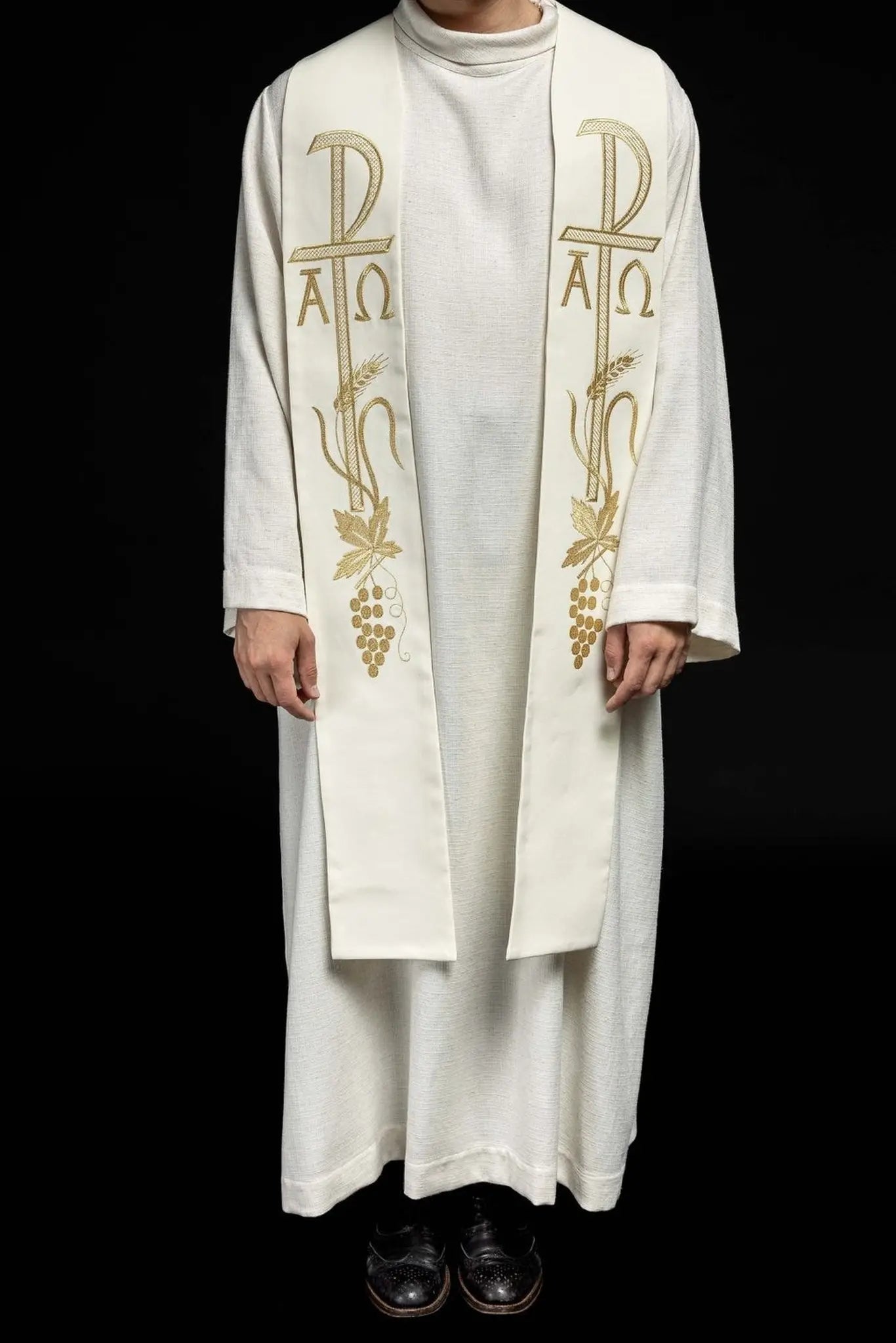 Alpha and Omega ecru embroidered priest's stole