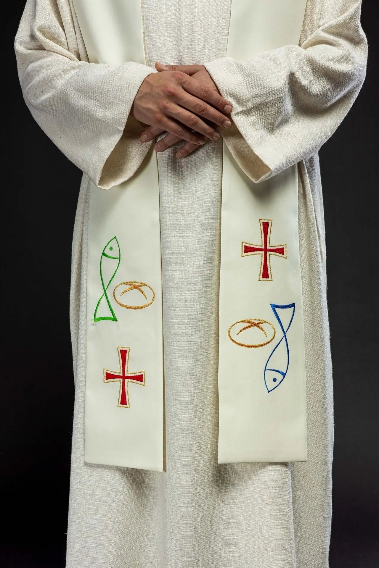 Priest's stole embroidered Fish Bread Cross in ecru