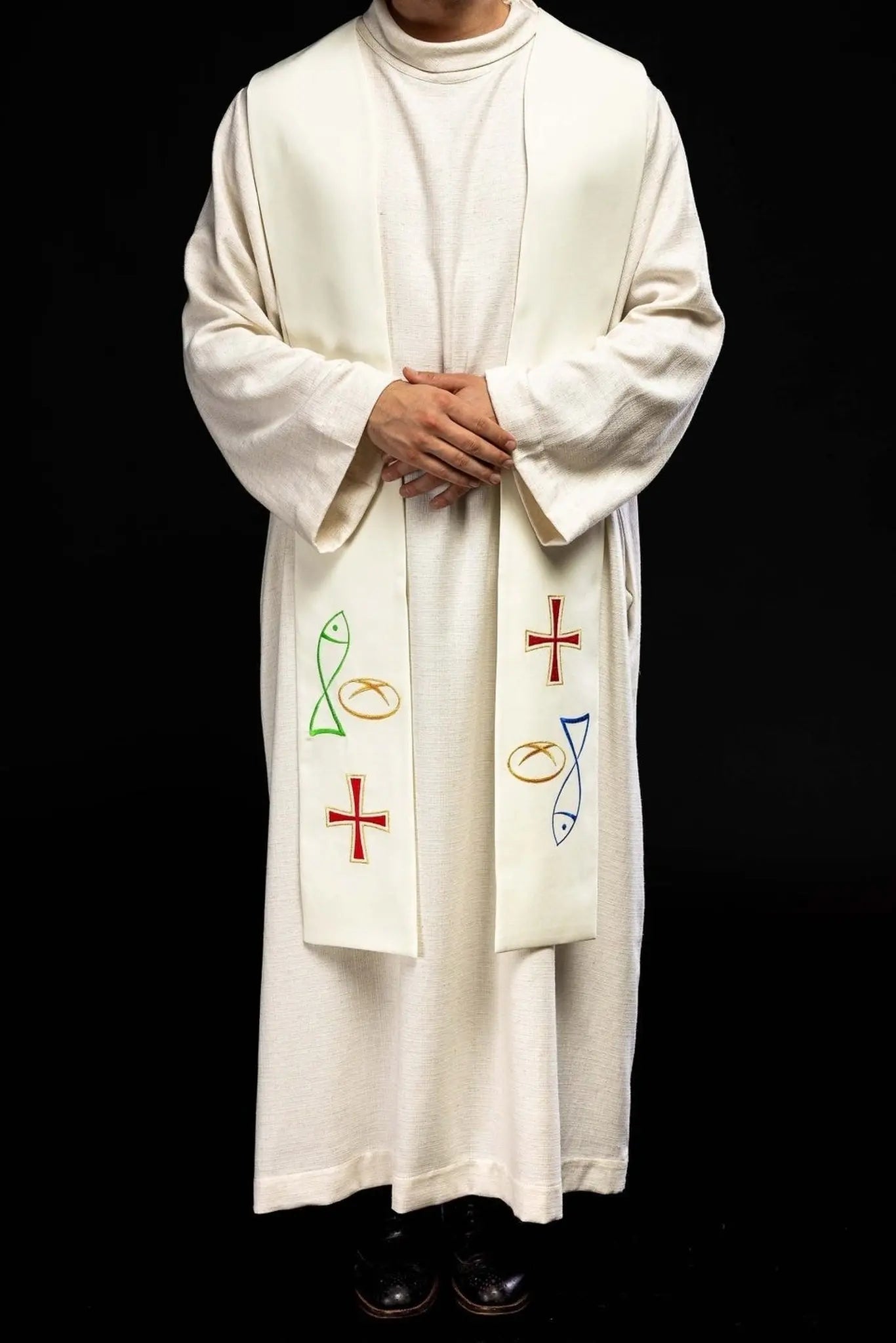Priest's stole embroidered Fish Bread Cross in ecru