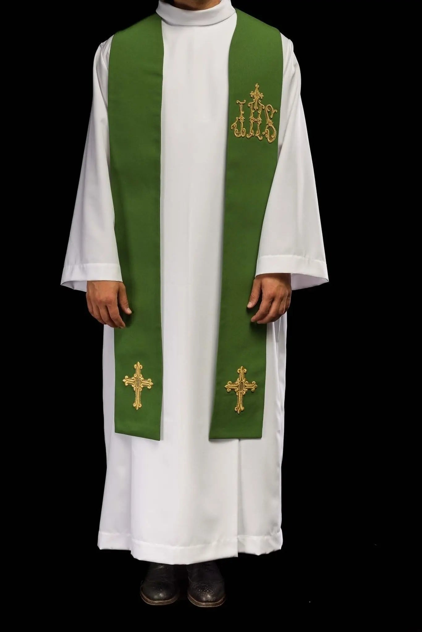 Green priest's stole embroidered with cross and IHS Green